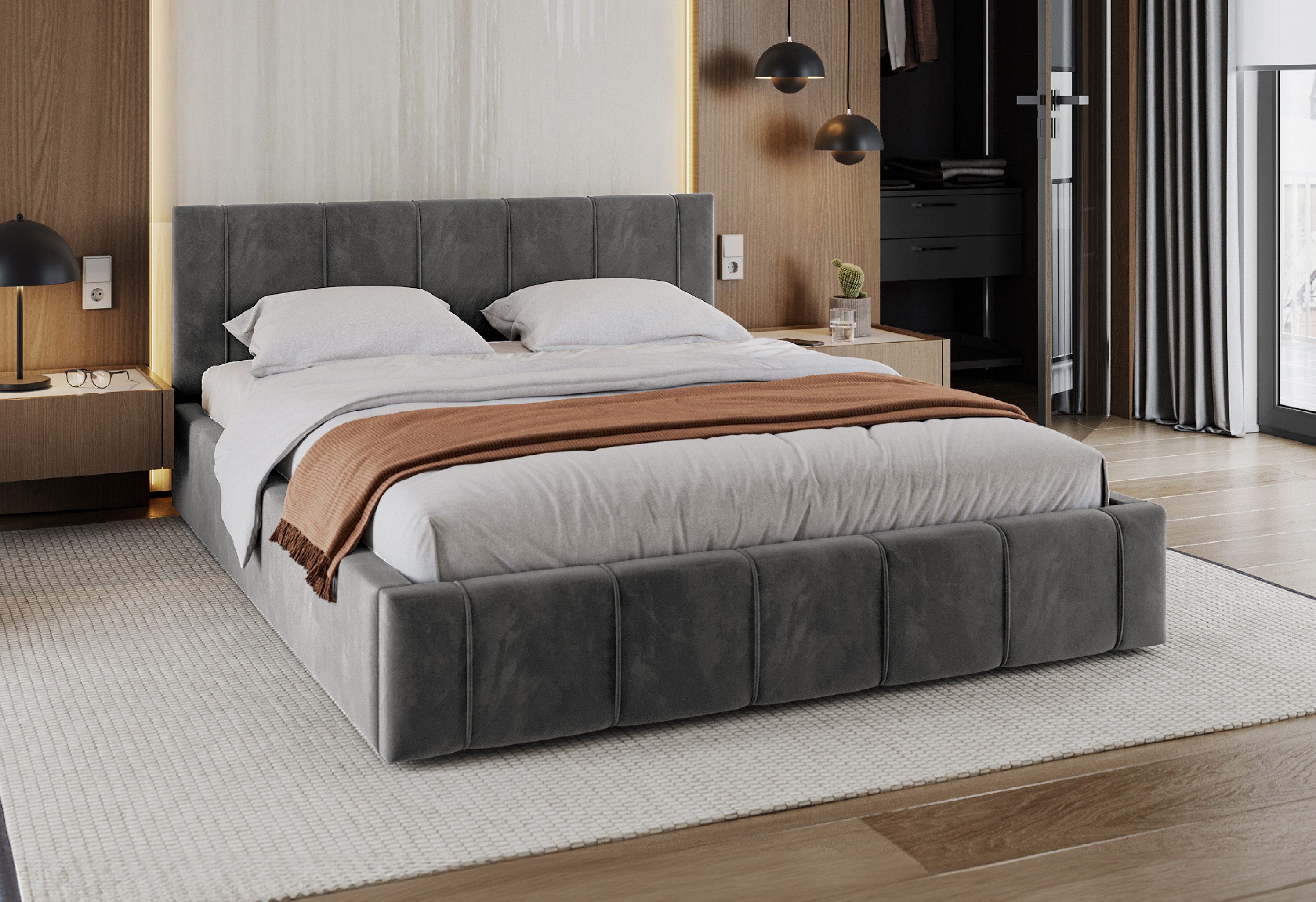 FDM Polsterbett FLORIDA Paris Bettgestell 90x200, 120x200, 140x200, 160x200, 180x200cm (verfügbar 90x200 120x200 140x200 160x200 180x200cm, Bettrahmen, Bett, mit großen gepolsterten Kopfteil, mit Bettkasten zum aufklappen), Hebbarer Metallrahmen, Bettkasten, mit/ohne Matratze