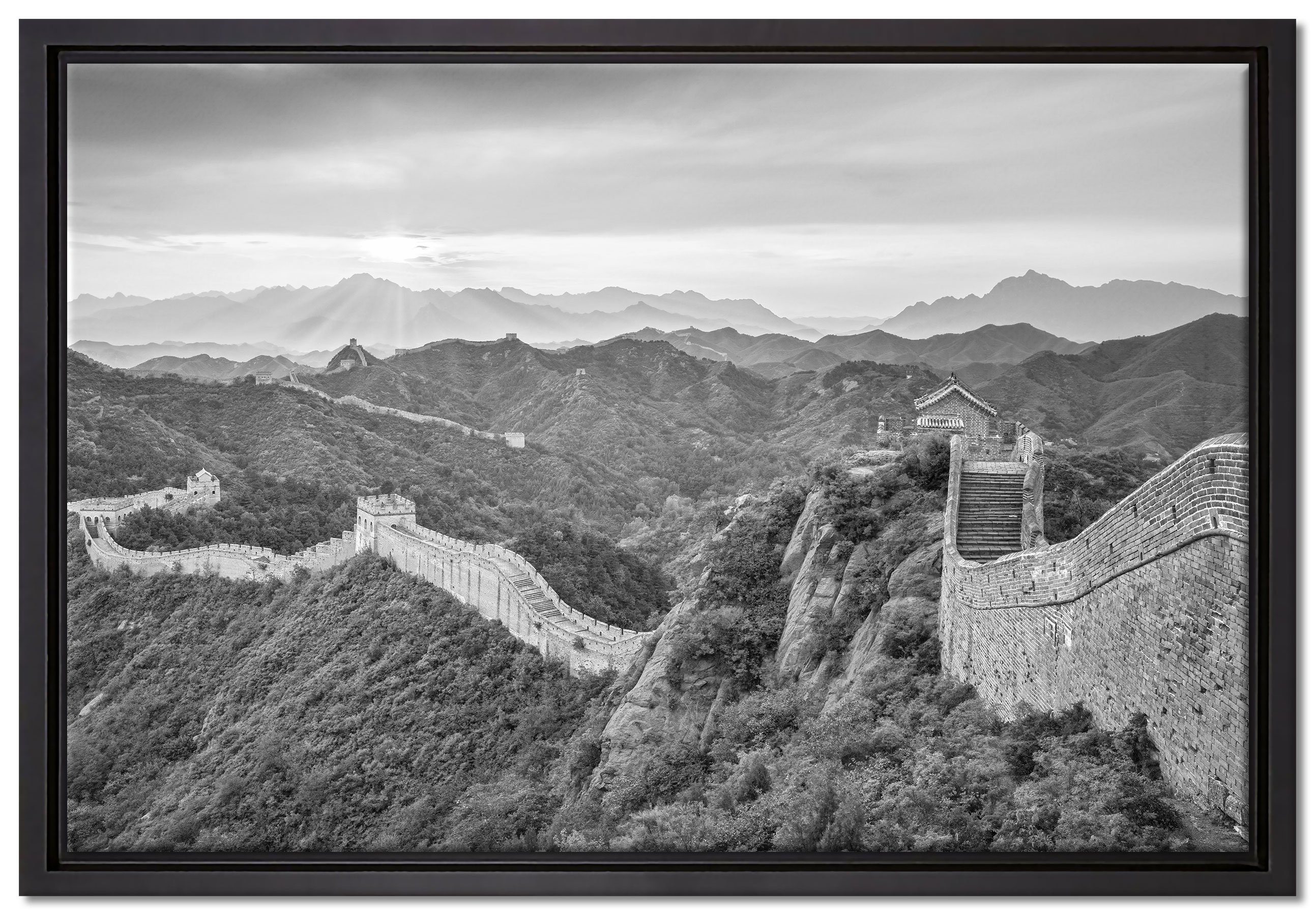 Pixxprint Leinwandbild Chinesische Mauer Kunst B&W, Wanddekoration (1 St), Leinwandbild fertig bespannt, in einem Schattenfugen-Bilderrahmen gefasst, inkl. Zackenaufhänger | Leinwandbilder