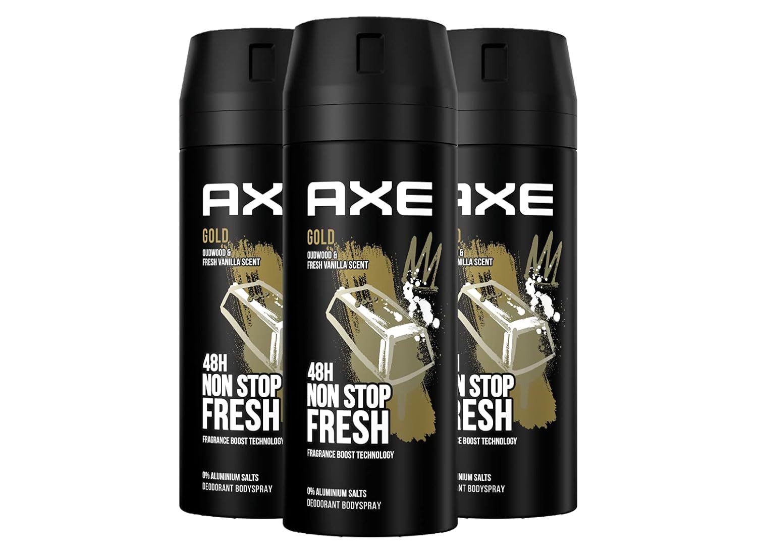 axe Deo-Spray 3x Axe Bodyspray Gold Deo ohne Aluminium 150 ml, 3-tlg., bekämpft geruchsbildende Bakterien und unangenehme Gerüche