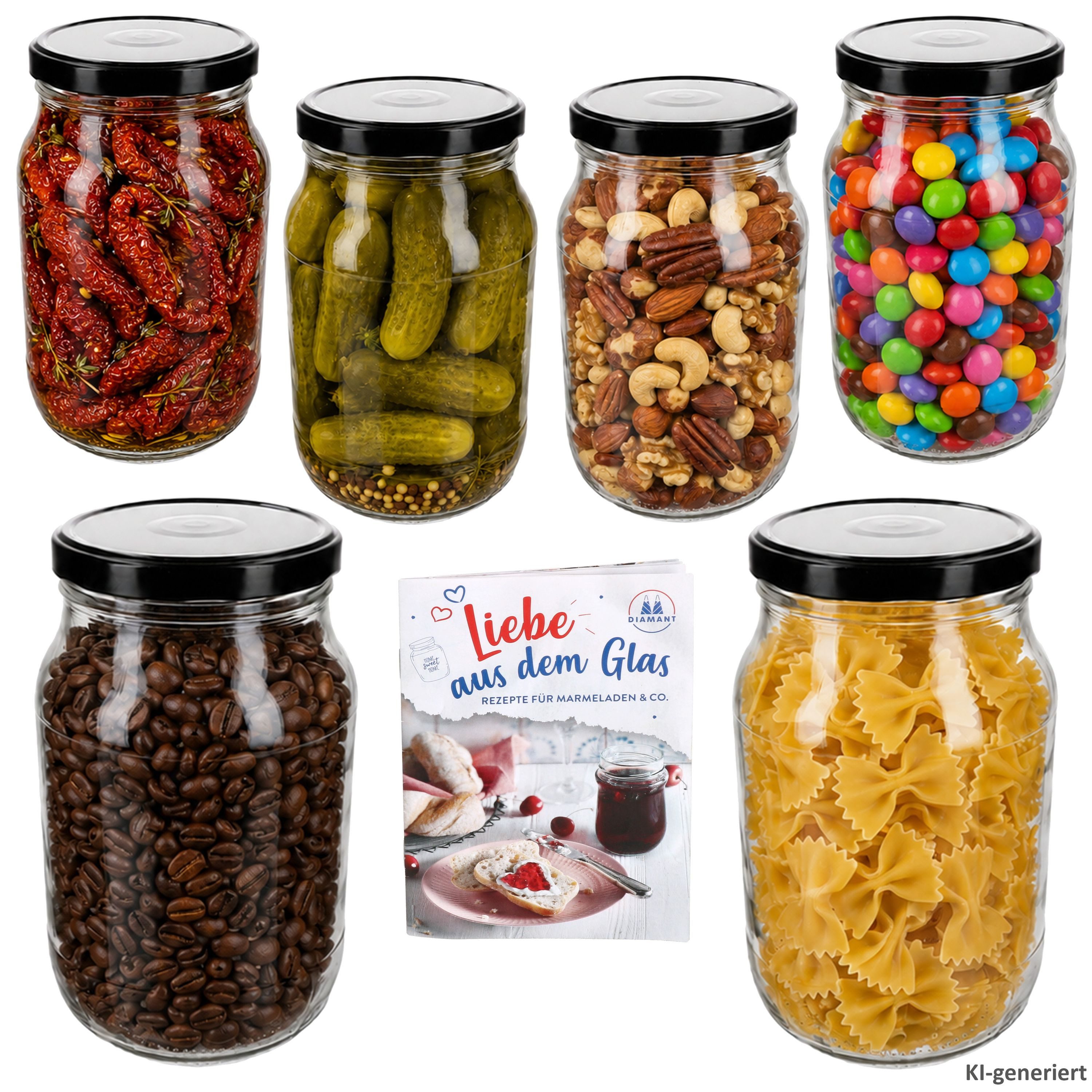 MamboCat Einmachglas 6er Set Einmachglas 1,7L Vorratsglas TO 100 Deckel schwarz Rezeptheft, Glas