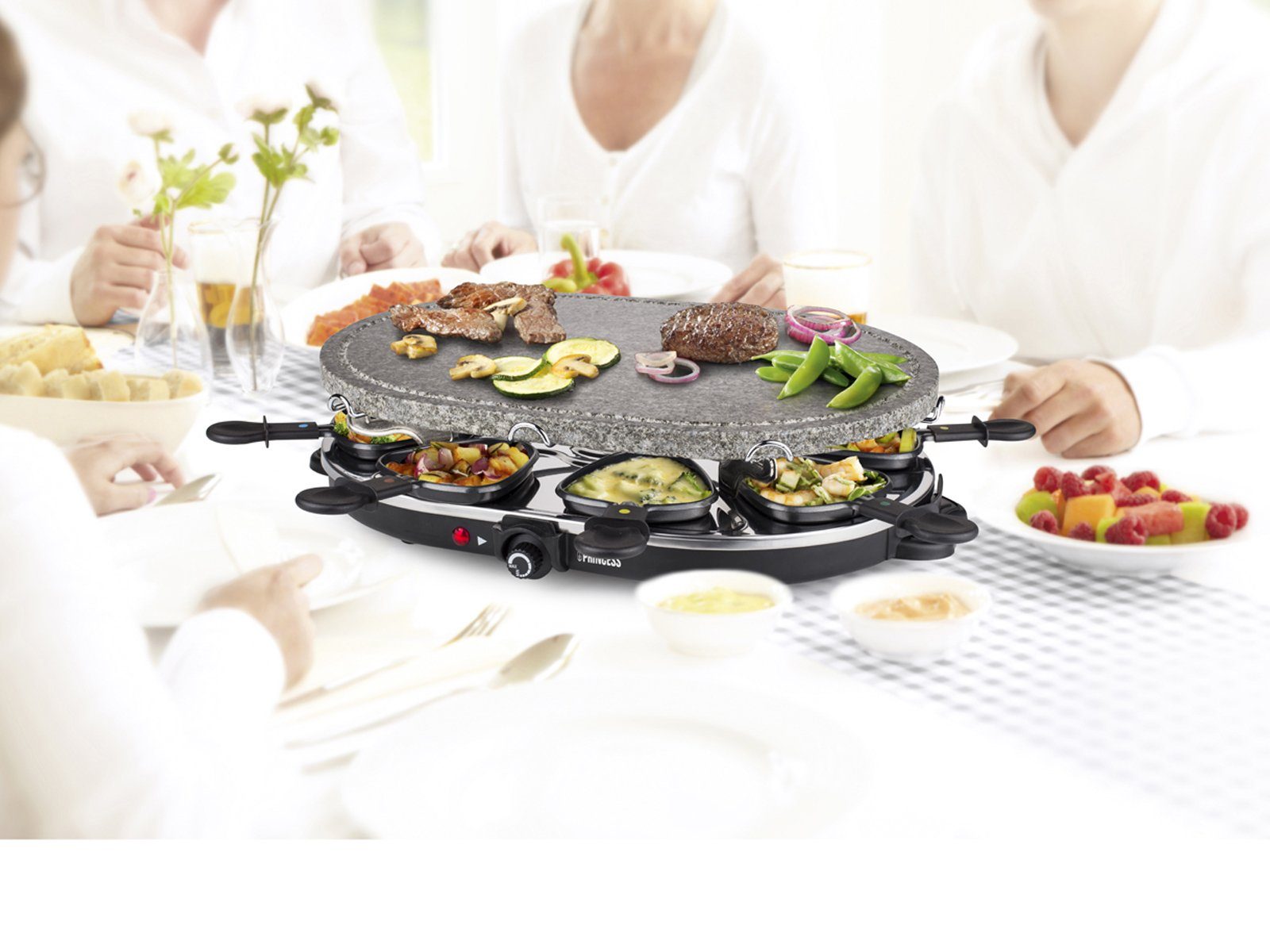 PRINCESS Raclette, 8 Raclettepfännchen, Großer Tischgrill für 2-8 Personen, Raclet Gerät mit Steinplatte