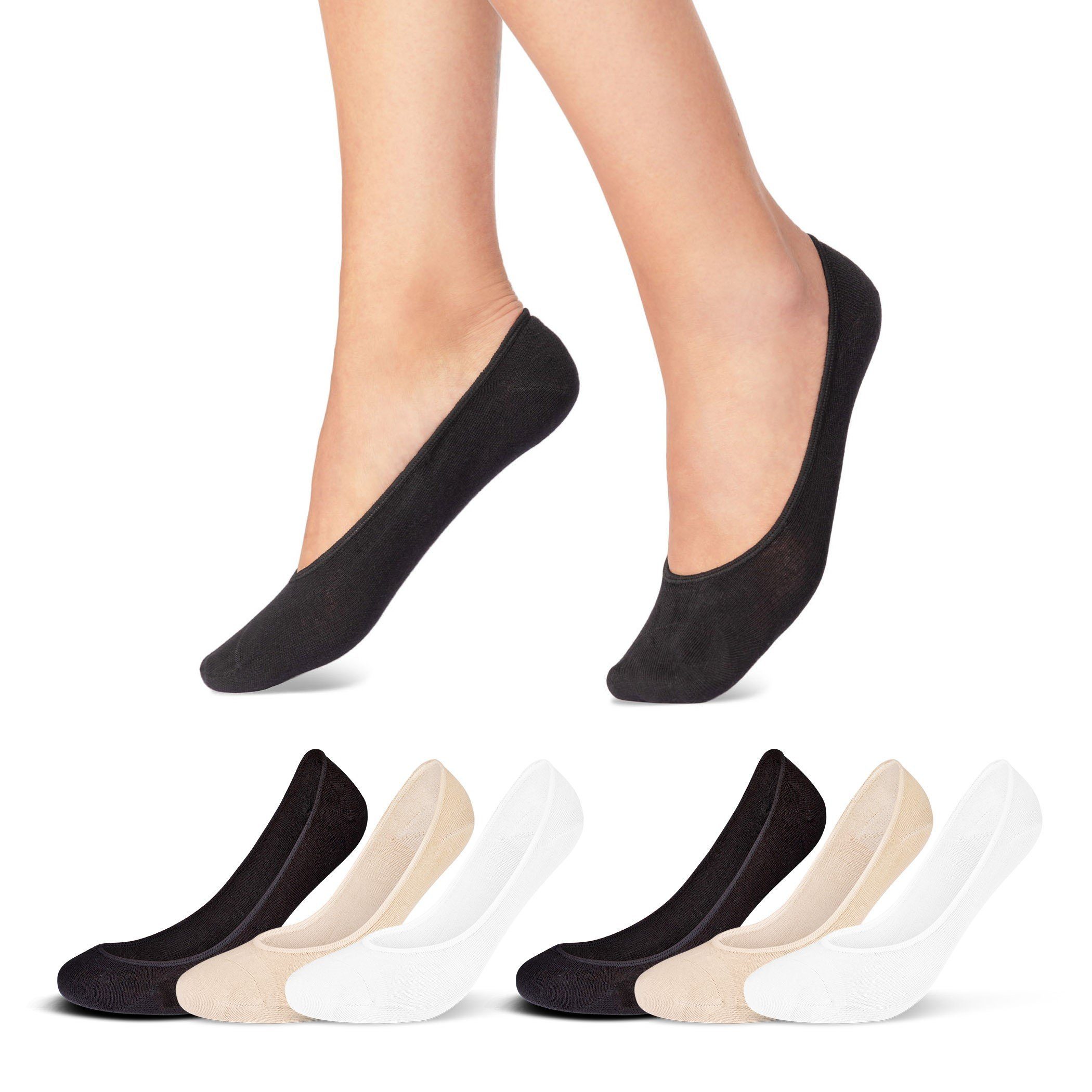 sockenkauf24 Füßlinge 6 Paar "Low Cut" Ballerina Socken Baumwolle Sneakersocken (Farbmix, 39-42) Schwarz Weiß Beige - 39960 WP