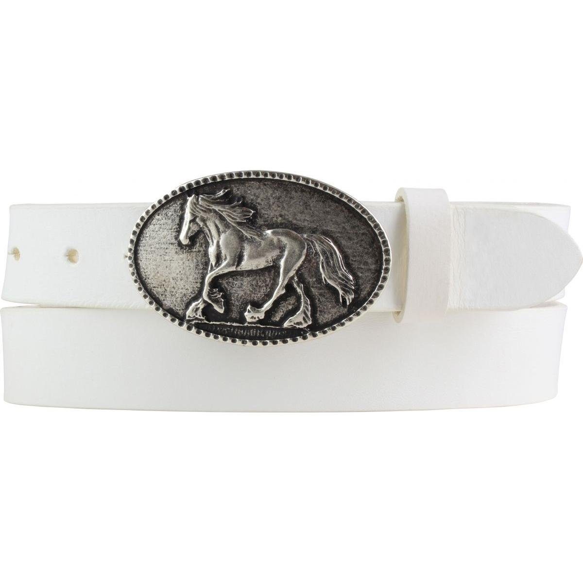 BELTINGER Ledergürtel Gürtel für Reiter mit Pferde-Gürtelschnalle aus Vollrindleder 3 cm - R Weiß, Altsilber