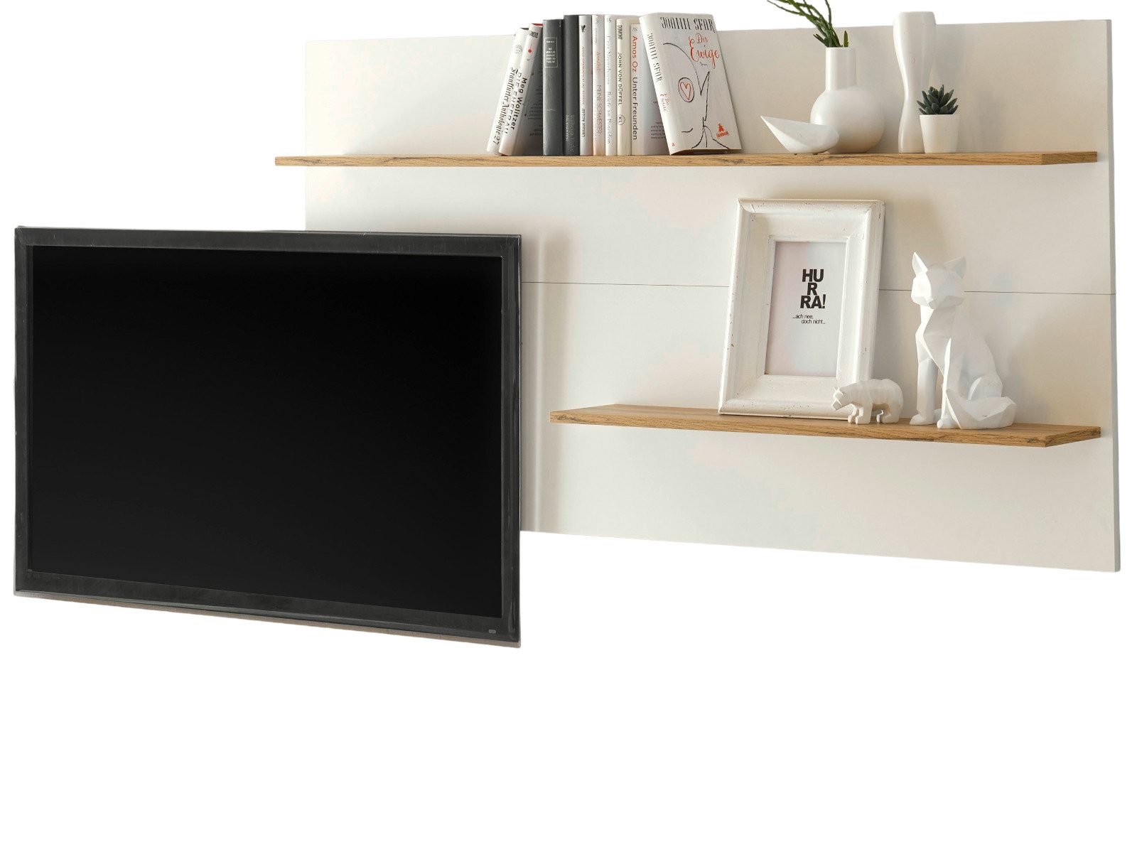 Furn.Design Wandregal Center, Wandpaneel in weiß matt und Eiche Wotan, 2 variablen Regalböden