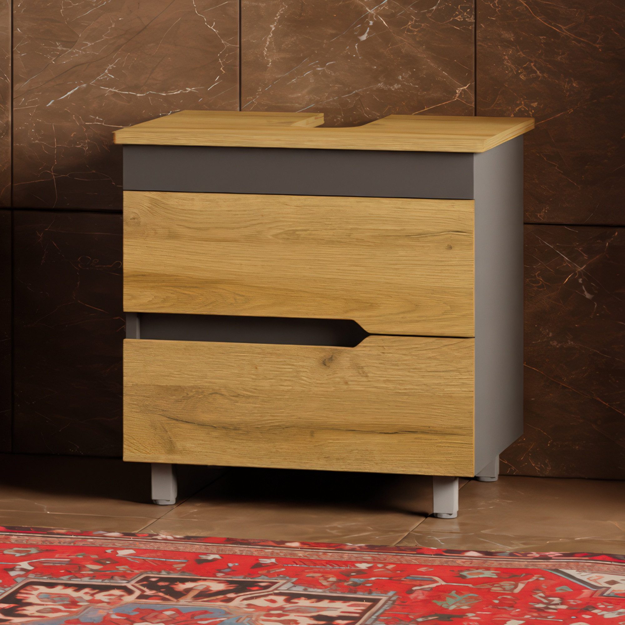 Karen Waschbeckenunterschrank Waschbeckenunterschrank Marmara 60 Konsole Eiche (Stehender Waschtischunterschrank, 2-St., Unterschrank, Konsolenplatte mit Siphonausschnitt, Füße)