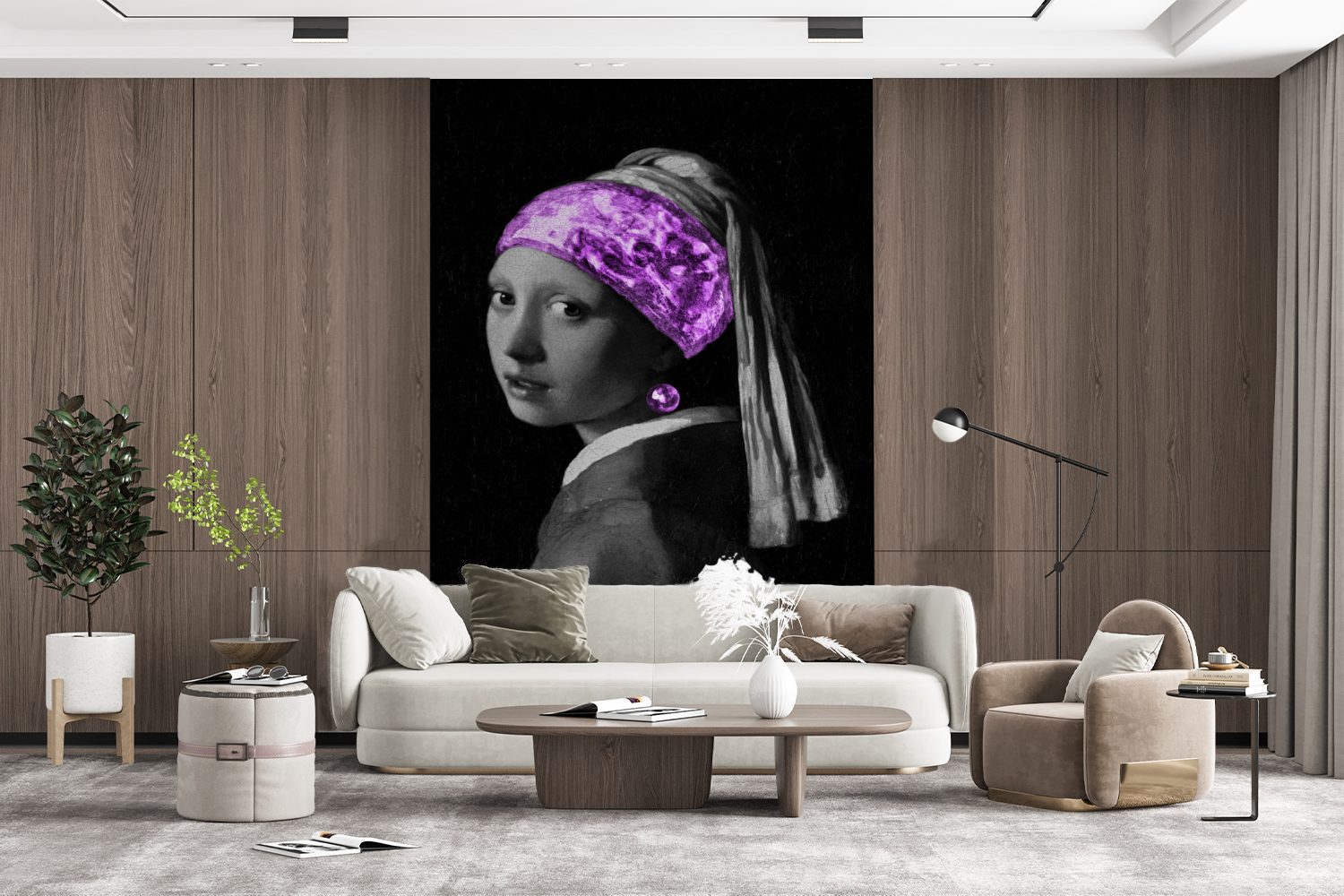 Tapete Vermeer (3 Mädchen Wohnzimmer, mit Das bedruckt, MuchoWow Johannes dem Vinyl Montagefertig Matt, Wandtapete Perlenohrring Lila, - Fototapete für - St),