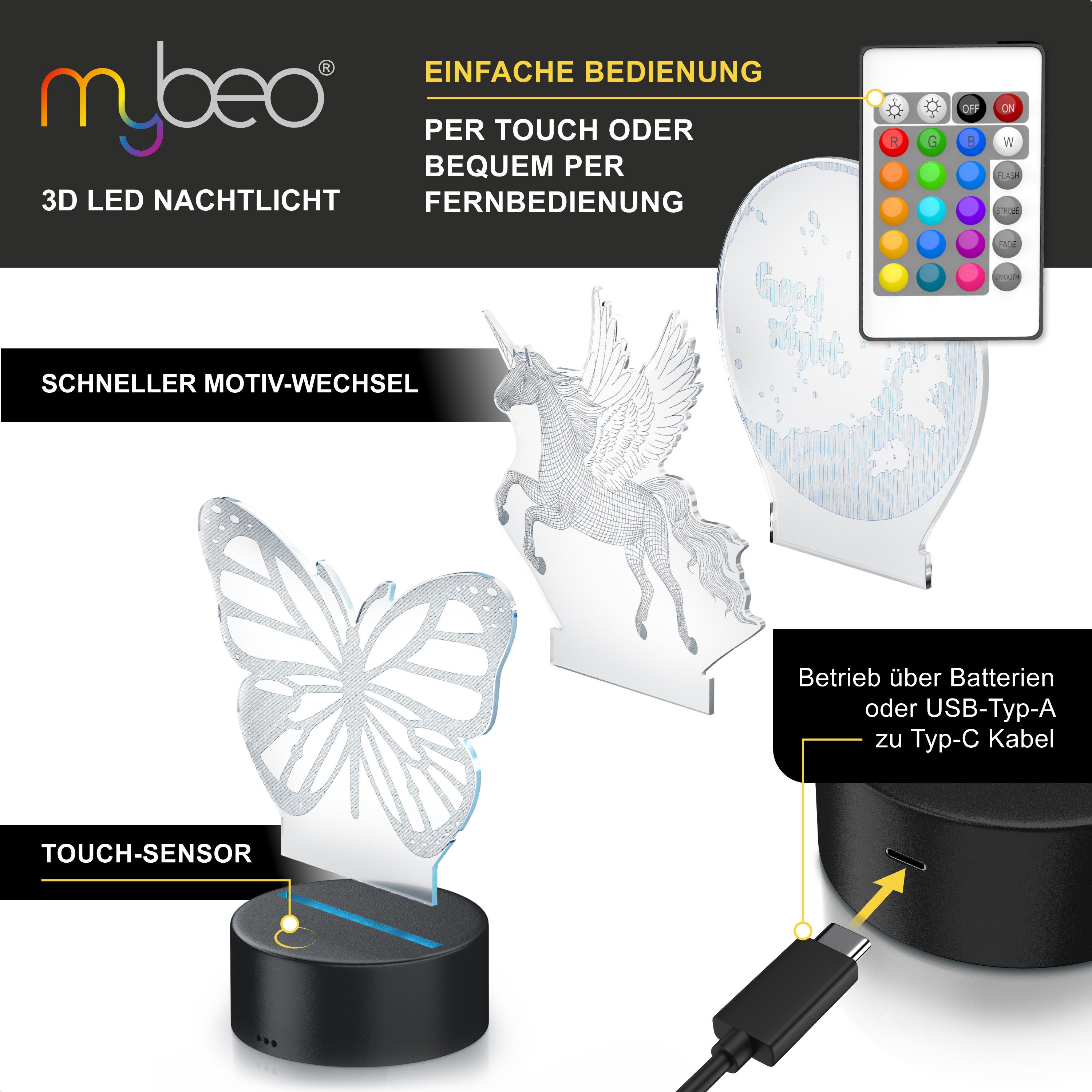 MyBeo LED Nachtlicht 3D Effekt Tischlampe für Kinder, Jungs & Mädchen, Nachtleuchte dimmbar, Dimmfunktion; Farbwechsel; mehrere Helligkeitsstufen; Nachtlichtfunktion, LED fest integriert, Farbwechsler, 3 Motive Einhorn, Schmetterling & Mond, Farbwechsel, Fernbedienung