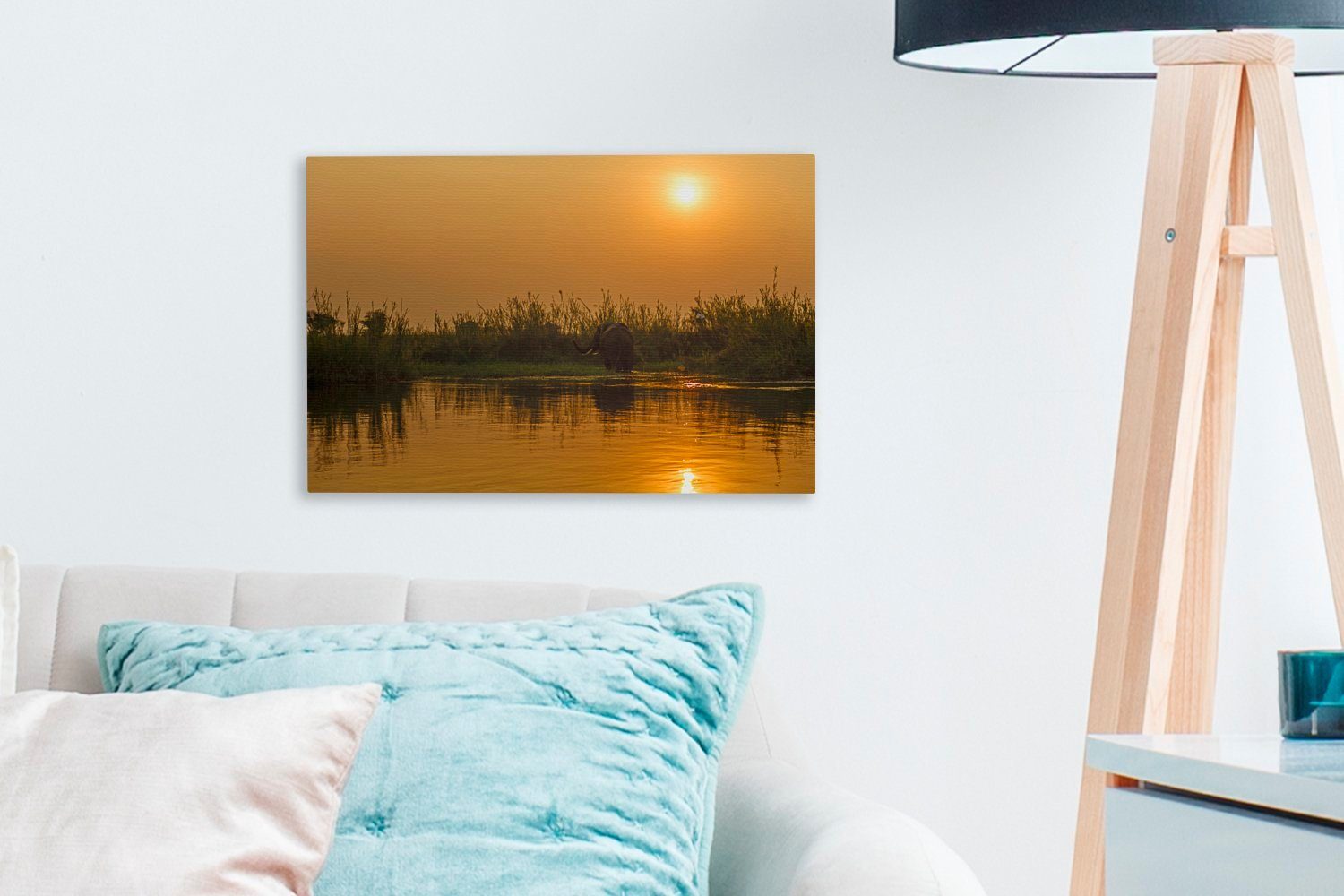 Wandbild 30x20 St), (1 Leinwandbild Sonnenuntergang Wanddeko, cm Zambezi OneMillionCanvasses® des Sambesi-Flusses entlang im Aufhängefertig, Leinwandbilder, Lower National,