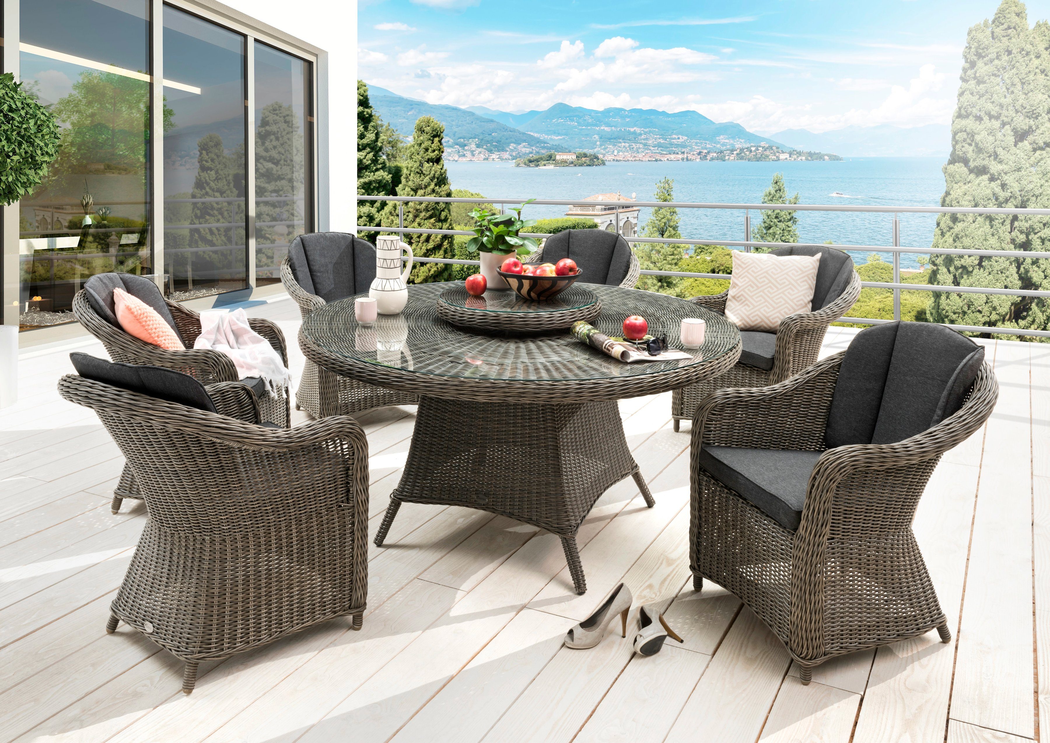 Destiny Garten-Essgruppe MALAGA LUNA 6 Se + Tisch Ø 150x75cm, vintage grau, (Set, 19-tlg., 6 Sessel inkl. Polster, 1 Tisch u. 1 Dreht. mit aufgelegter Glasplatte), Aluminium, Polyrattan