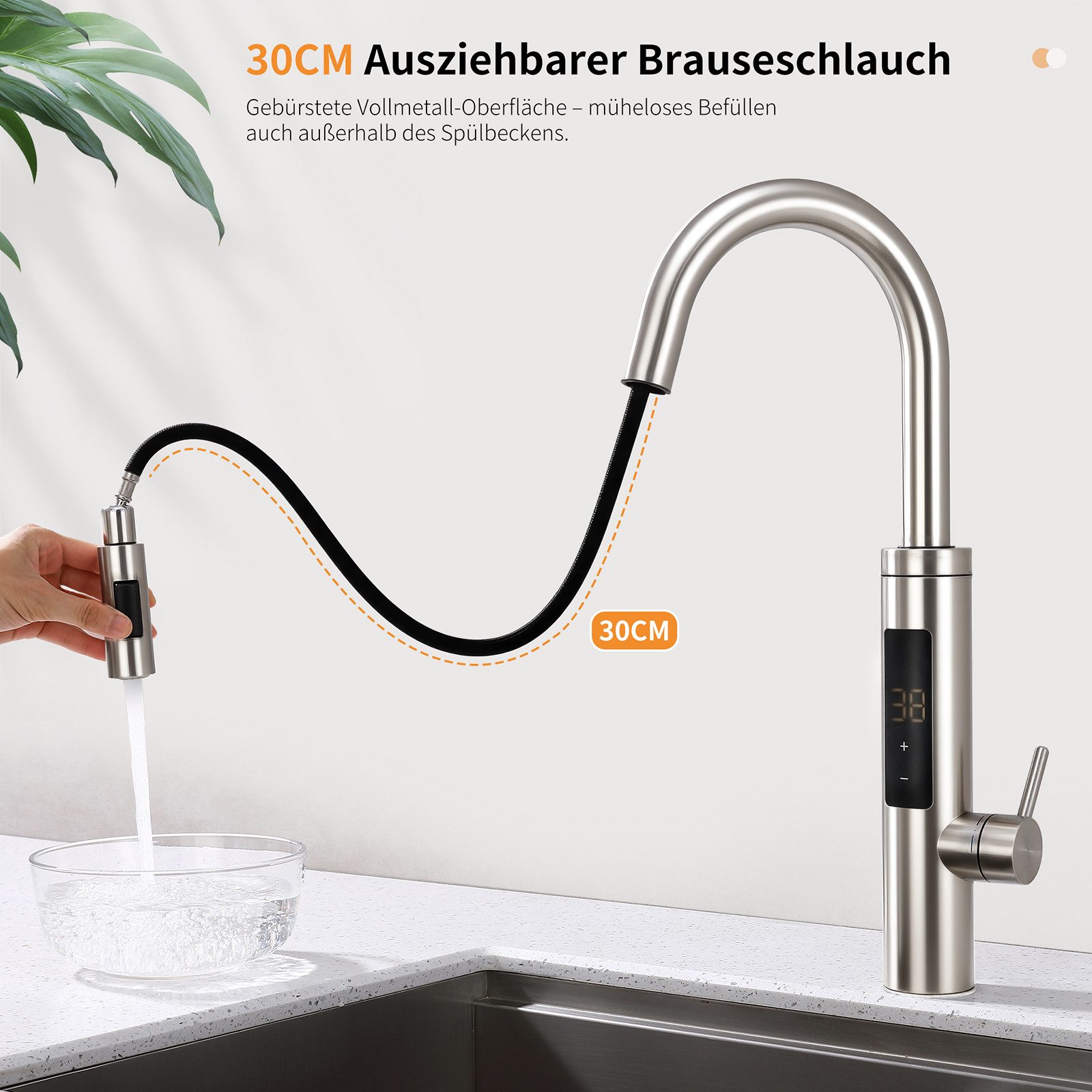 HOMELODY Küchenarmatur mit LED-Display, ausziehbarer Brause & Sofortheizung,360° drehbare Touch-Steuerung mit HD-Display, 3 Leistungsstufen & Überhitzungsschutz