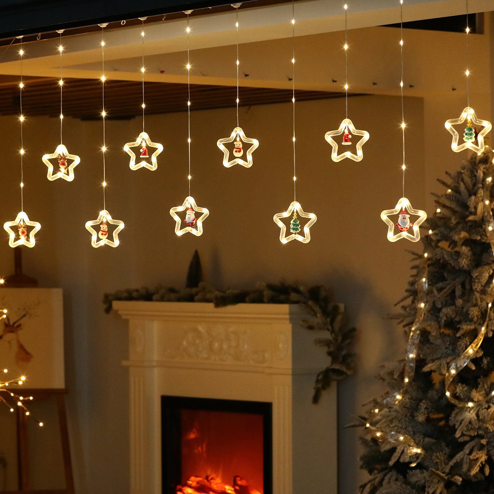 Rosnek Weihnachtsbaum LED-Lichtervorhang für Deko, Fenster Rentier Weihnachtsornamente, Schlafzimmer Weihnachtsmann 3M,