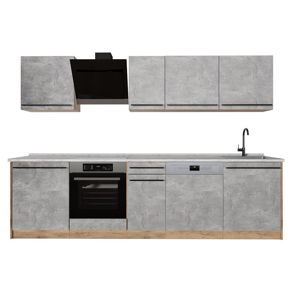Vicco Küchenzeile R-Line, Beton/Goldkraft Eiche, 280 cm Arbeitsplatte Marmor