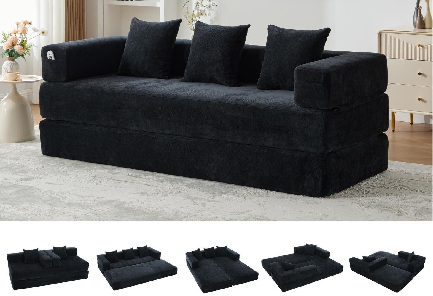 LVHOM Loungesofa 3 Sitzer Sofa mit Schlaffunktion, Formveränderung, mit Seitentaschen, Rutschfeste Unterseite, zwei Kissen verbunden mit Reißverschluss, modular frei kombinierbar (mit festen Armlehnen) für Sofa/Liege/Spielzentrum. Premium Chenille (superweich). Schaumstoff-Füllung (schnelle Rückfederung). Tiefe Sitzfläche (Komfort), in Wohnzimmer,Kinderzimmer, Homeoffice, Leseecke, Spielzimmer