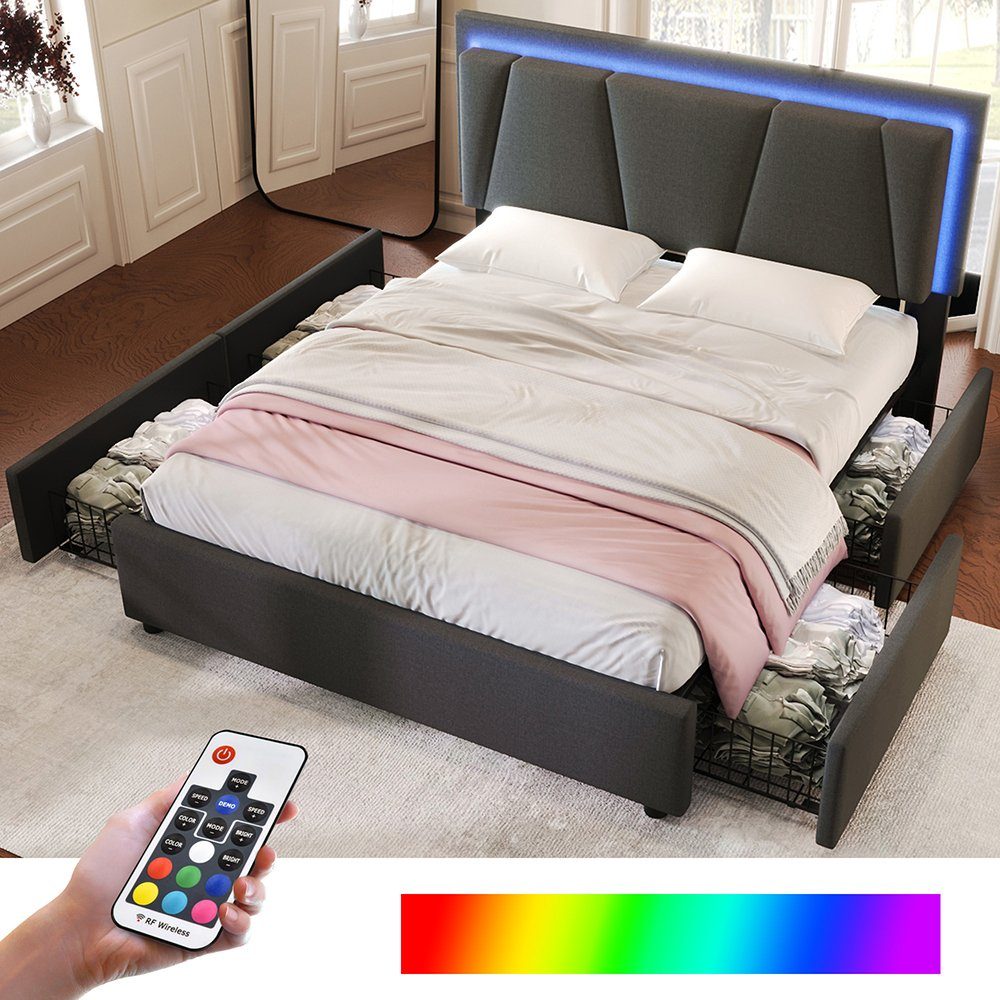 Polsterbett (Stauraumbett, Höhenverstellbares Kopfteil), Doppelbett 140x200cm mit LED-Beleuchtung und 4 Schubladen