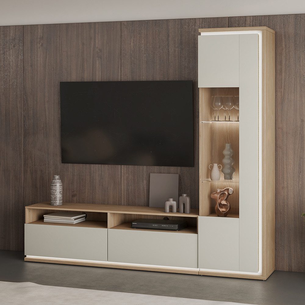 Lomadox Wohnwand DRACHTEN-83, (2-St., Vitrine Lowboard), Schrankwand Eiche günstig online kaufen