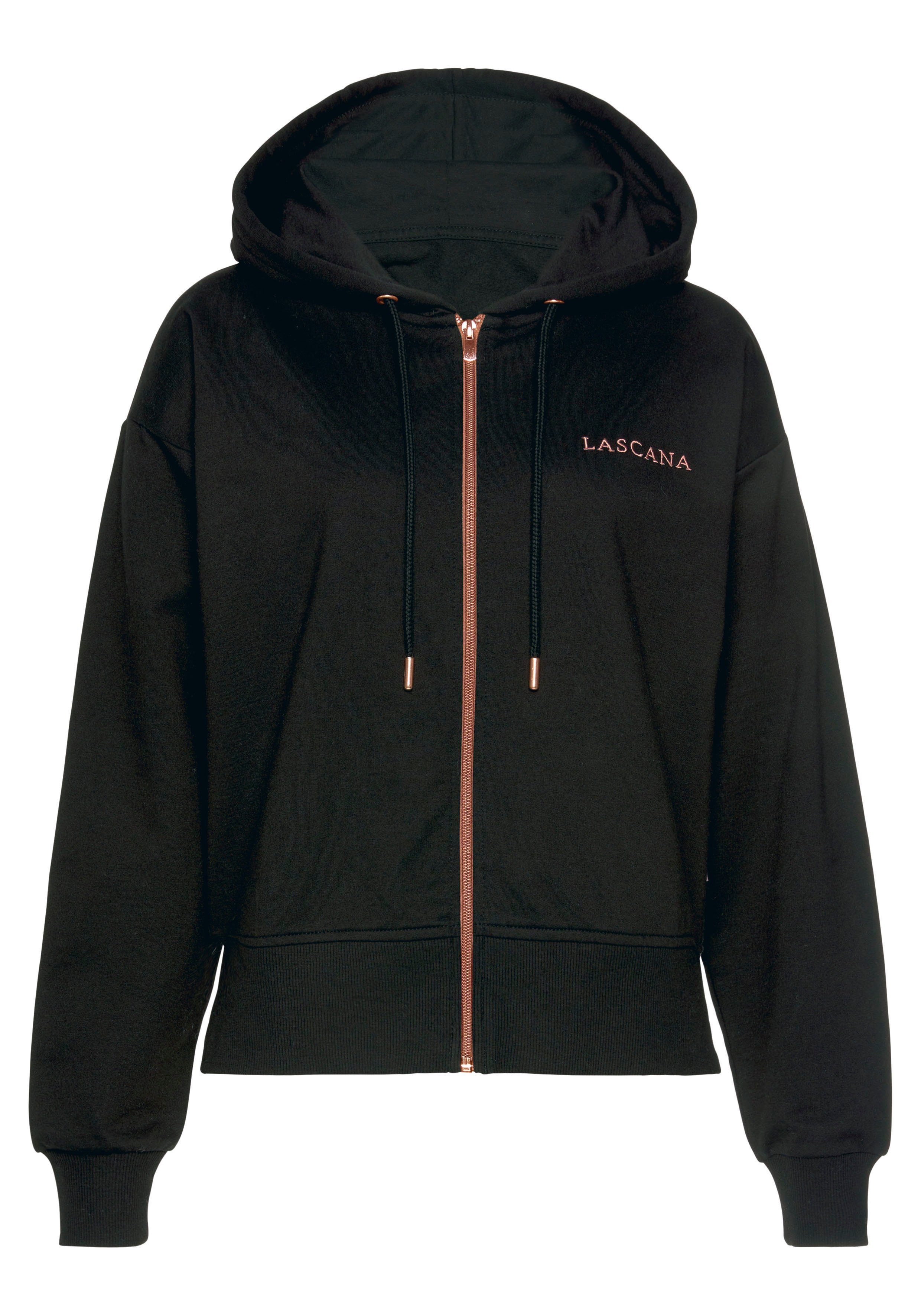 Kapuzensweatjacke LASCANA schwarz Logostickerei, Loungeanzug Reißverschluss Homewear mit und kupferfarbenen