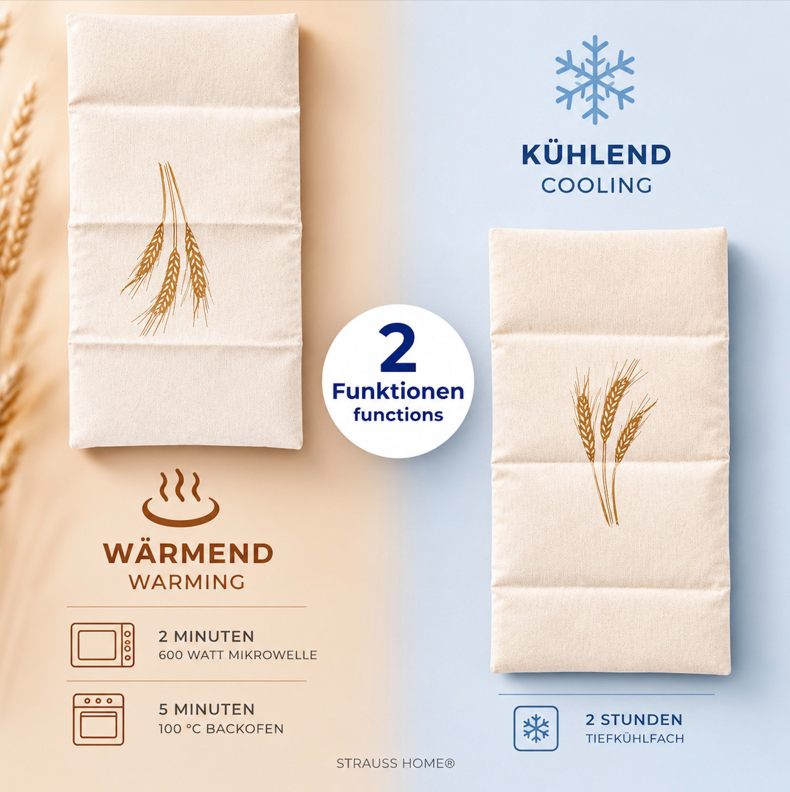 Strauss Home Wärmekissen Körnerkissen Groß– Mikrowellengeeignet natürliche Weizenkörner, (1-tlg), gegen Verspannungen im Nacken uvm. - Abnehmbarer Bezug