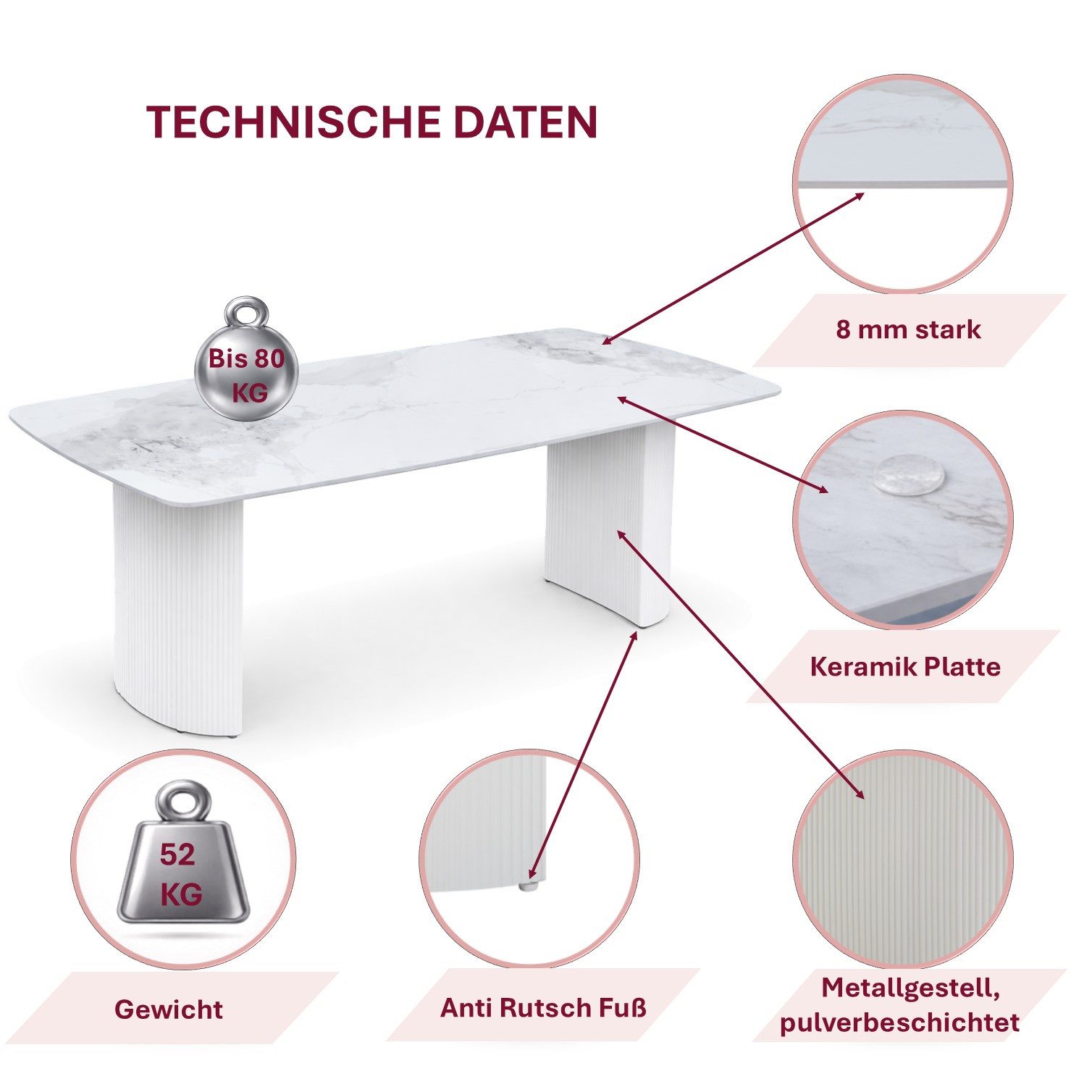 HOOZ Wohnzimmertisch Esstisch Set 180x90 cm Weiß – moderner Küchentisch, Keramik 8 Personen (Einzelprodukt, 1× Esstisch), Keramik-Tischplatte, Travertin-Optik ( – Bild 3 von 5