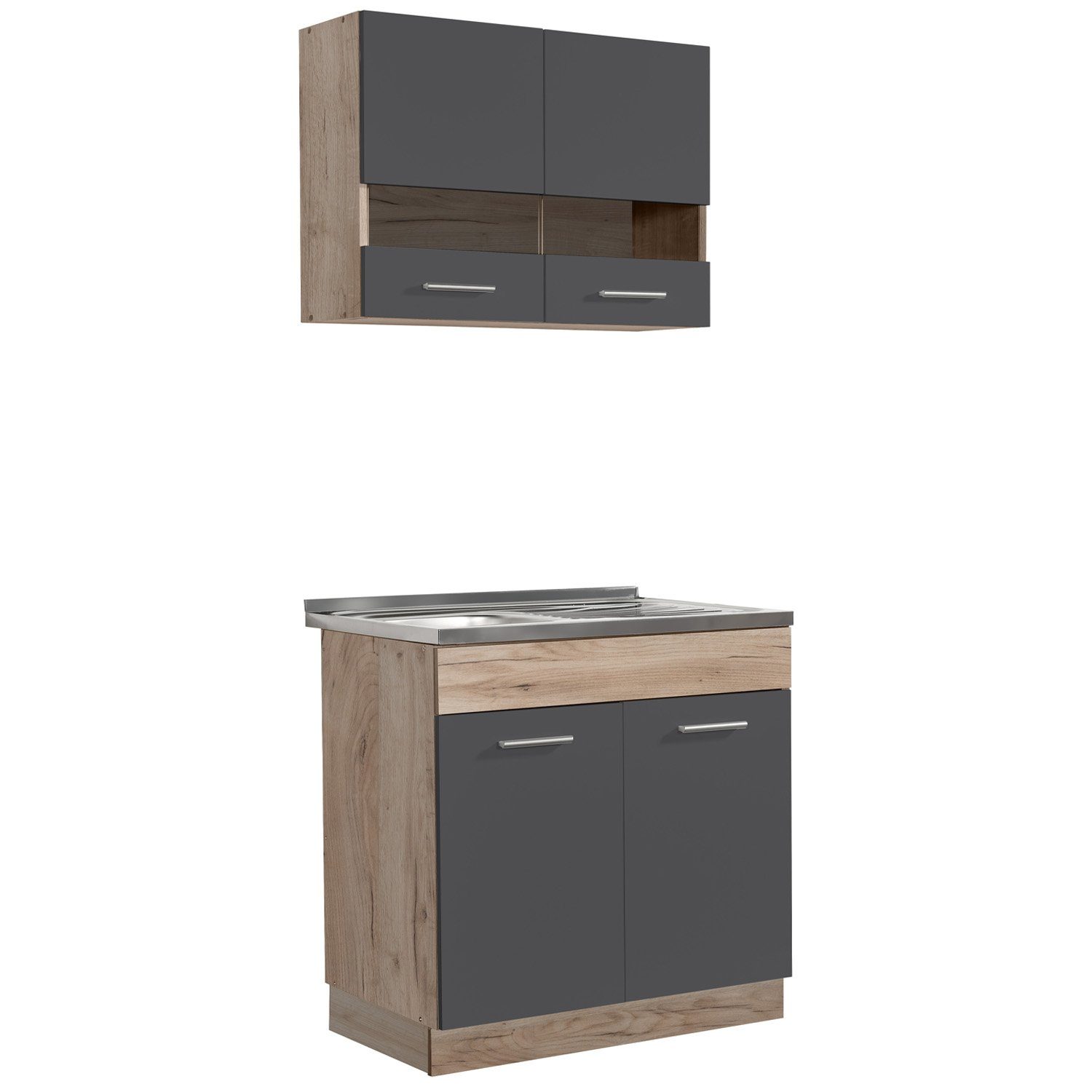 Homestyle4u Küchenzeile 80 cm ohne Geräte klein Singleküche Küchenschränke Grau matt Eiche