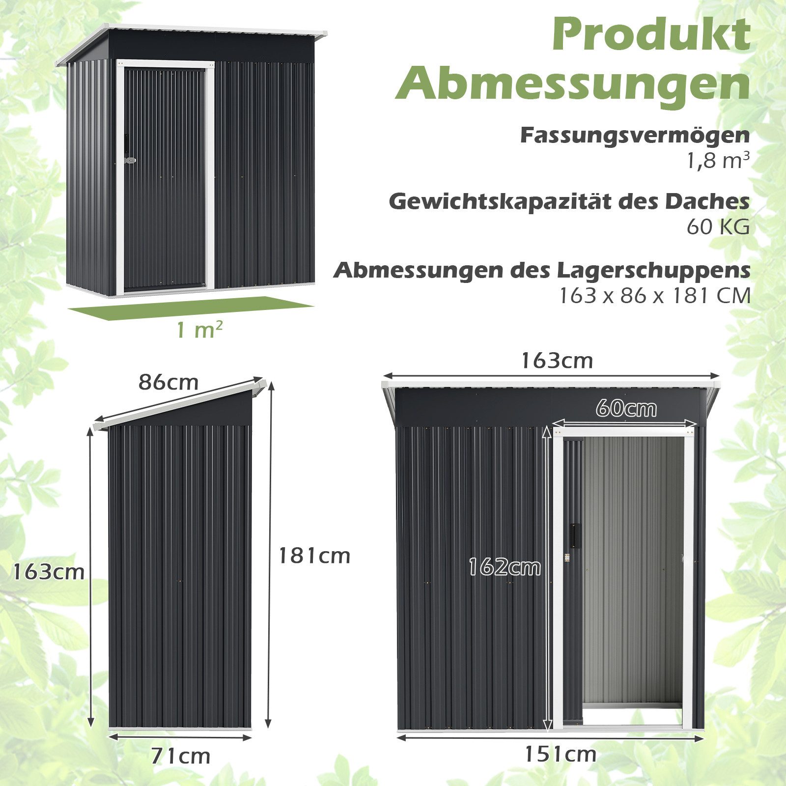 COSTWAY Gerätehaus, BxT: 163x71 cm, (1 St), Gartenhaus, Geräteschuppen, mit Schiebetür, Metall
