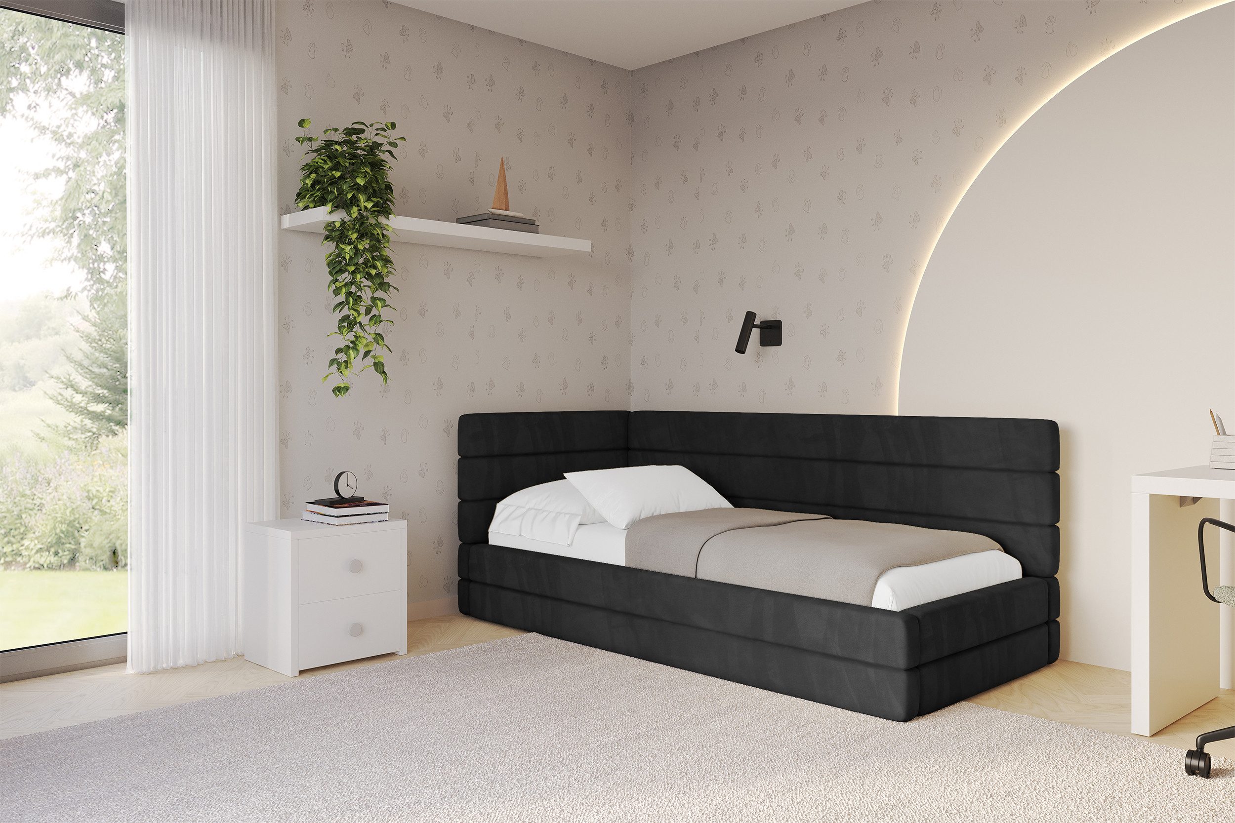 ALTDECOR Jugendbett BEMY (Jugendbett mit Bettkasten und Lattenrost, Polsterbett ohne Matratze), Einzelbett mit Stauraum, Bett mit Kopfteil