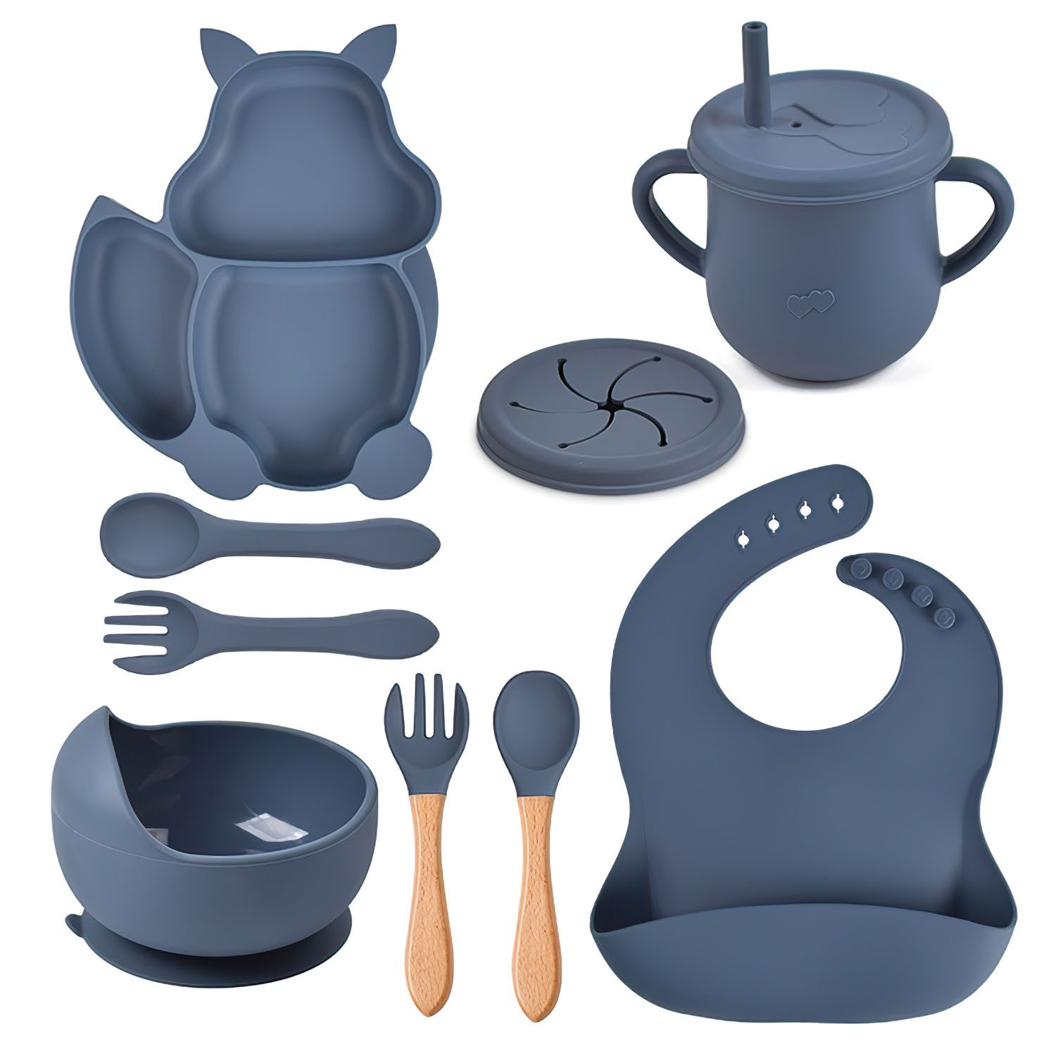 AIMAX Kindergeschirr-Set Baby-Teller 8-teiliges Set Kinderteller mit Saugnapf, Kindergeschirr Teller Lätzchen Schüssel Löffel Gabel Trinkbecher