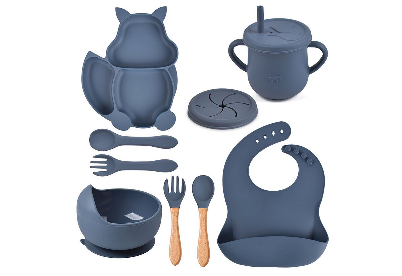 AIMAX Kindergeschirr-Set Baby-Teller 8-teiliges Set Kinderteller mit Saugnapf, Kindergeschirr Teller Lätzchen Schüssel Löffel Gabel Trinkbecher