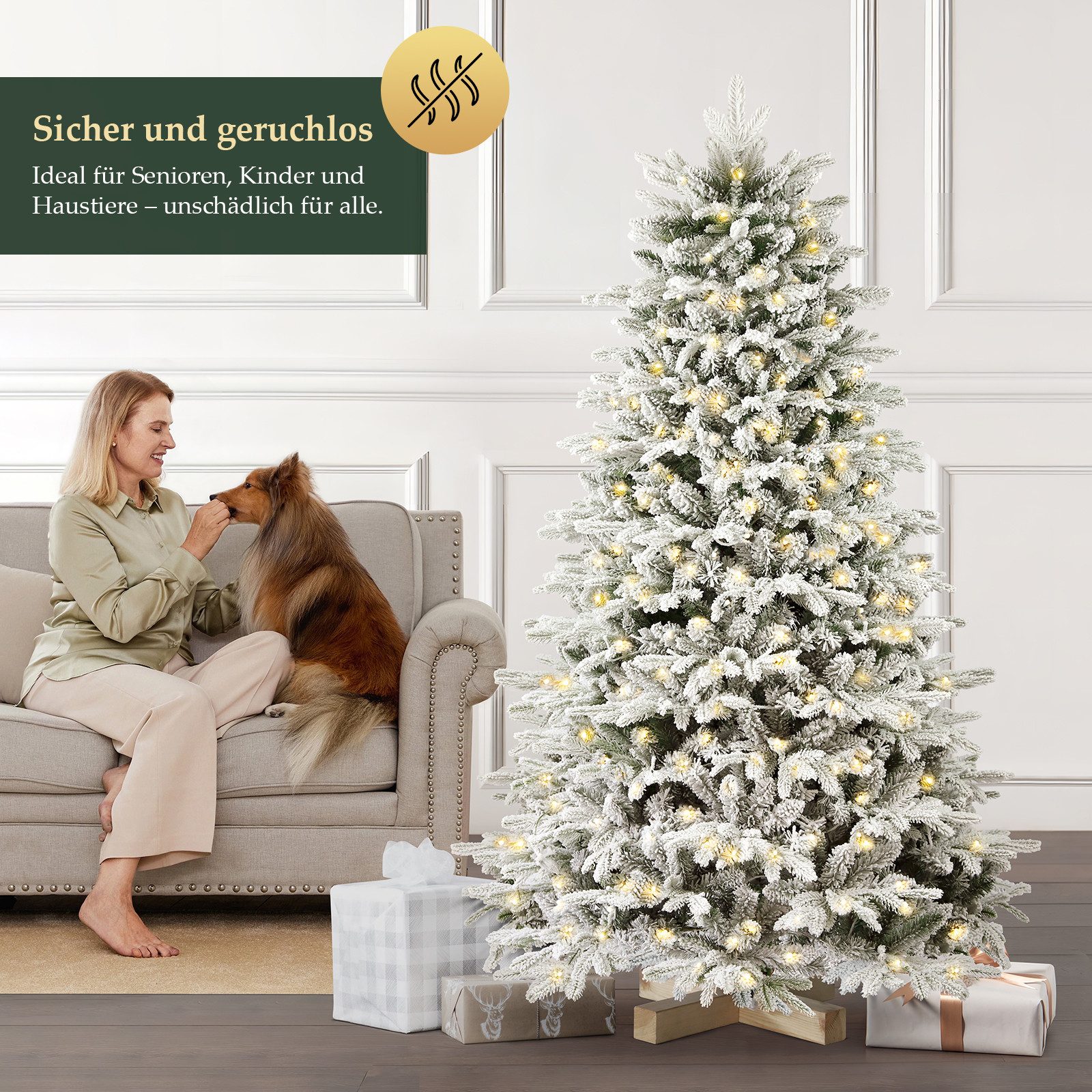 Salcar Künstlicher Weihnachtsbaum mit LED-Beleuchtung Tannenbaum Künstlich mit Licht mit Echtholzständer, Fichte, 180 cm Christbaum mit 908 Spritzguss-Zweige, 330 LEDs, Schnee-Effekt
