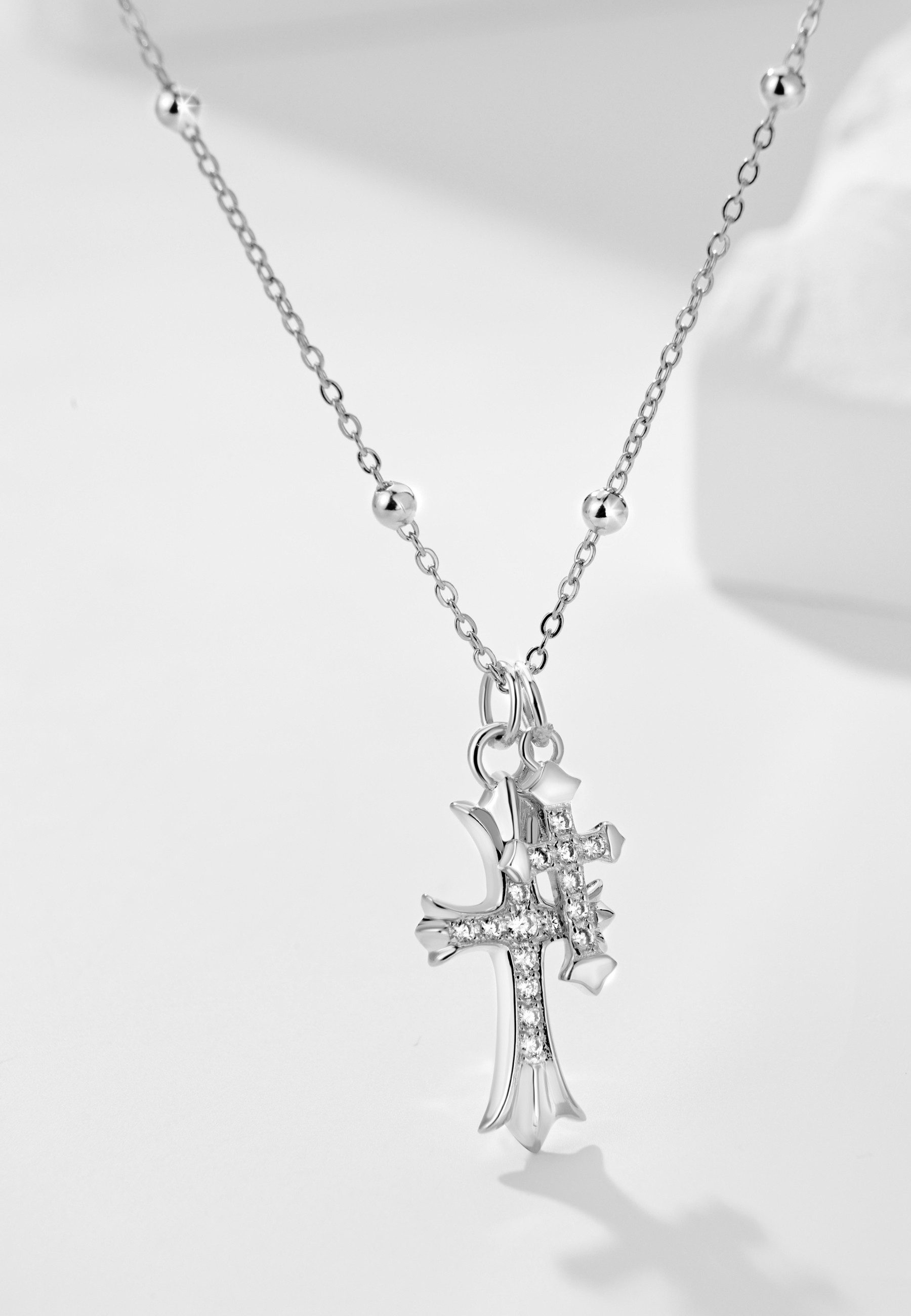 BRELLATO Kreuzkette Damen Halskette Kreuz-Anhänger, Gotik Symbol Kristall-Kreuze (Set Kugelkette mit 2 Kreuzen und Geschenk-Box-Verpackung, 3-tlg., Silber-Kette Kreuz-Collier, Geschenk Ostern Kommunion Firmung), Kreuz-Kette, Sterling Silber 925 18K Gelbgold, 5-A Zirconia