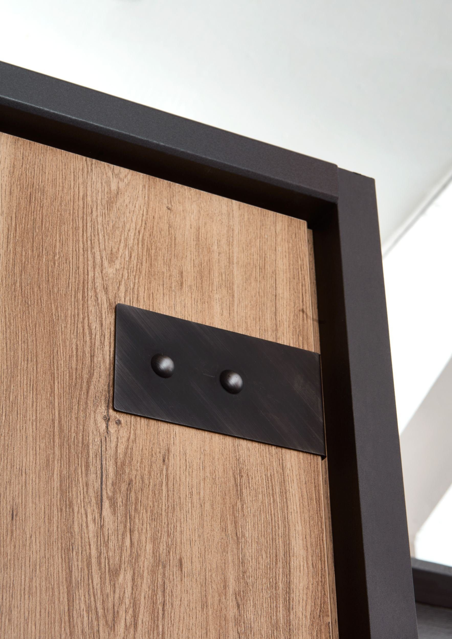 (Kleiderschrank, Spiegel, Schubladen, Sydney Mehrzweckschrank) mit Plankeneiche Design, Stauraum, 3-türig, Holzwerkstoff, mit Modern Drehtürenschrank Stylefy aus viel Metall