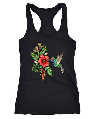 Neverless Tanktop Damen Tank-Top Tropical Kolibri Vogel Palmblätter Sommer Stick-Patch-Optik Hummingbird Racerback Slim Fit tailliert Baummwolle Neverless®