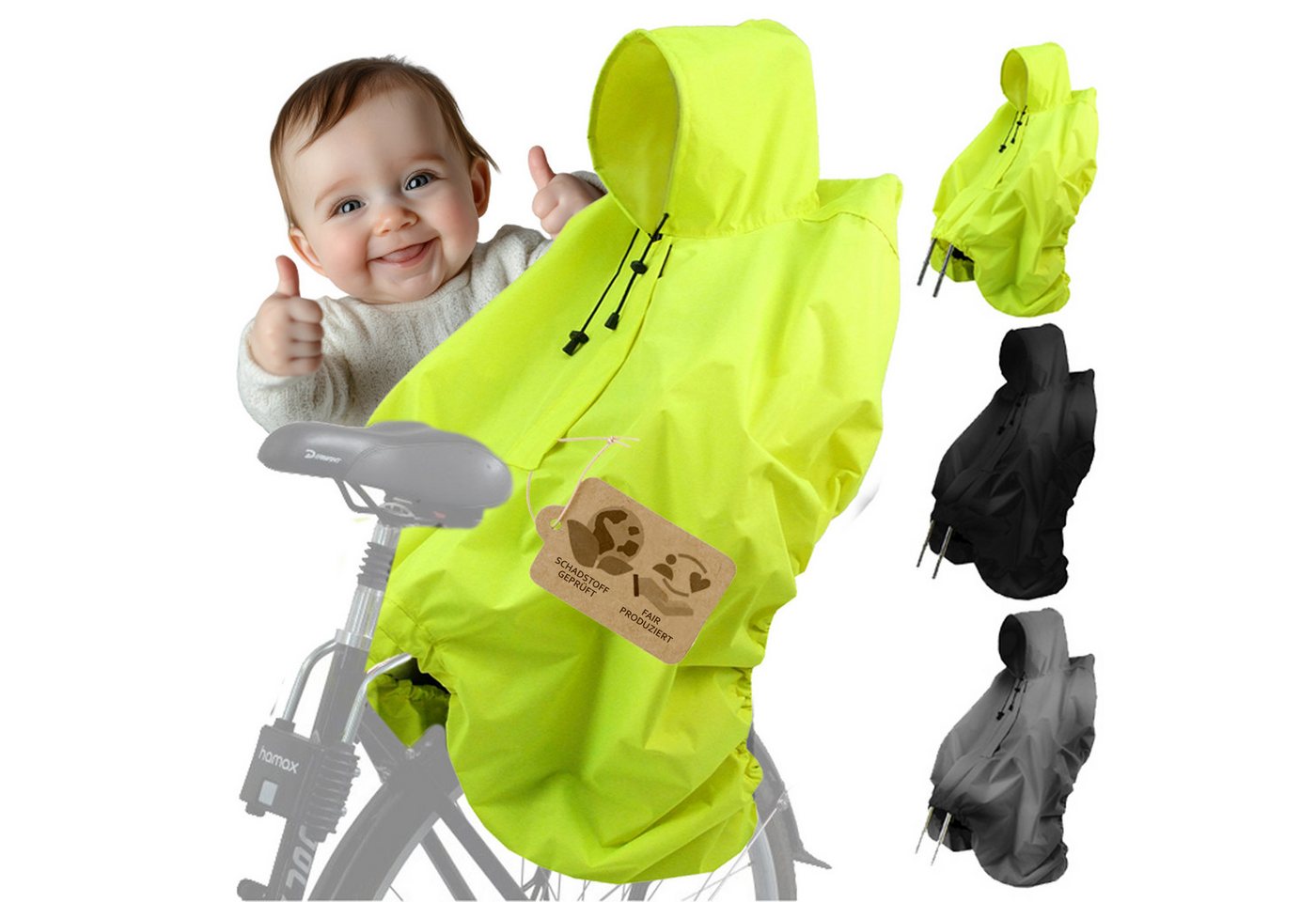 BambiniWelt by Rafael K. Fahrradkindersitz Regencape Regenponcho für Kinderfahrradsitz Reflektorstreifen, Kinderhelm passt unter die Kapuze