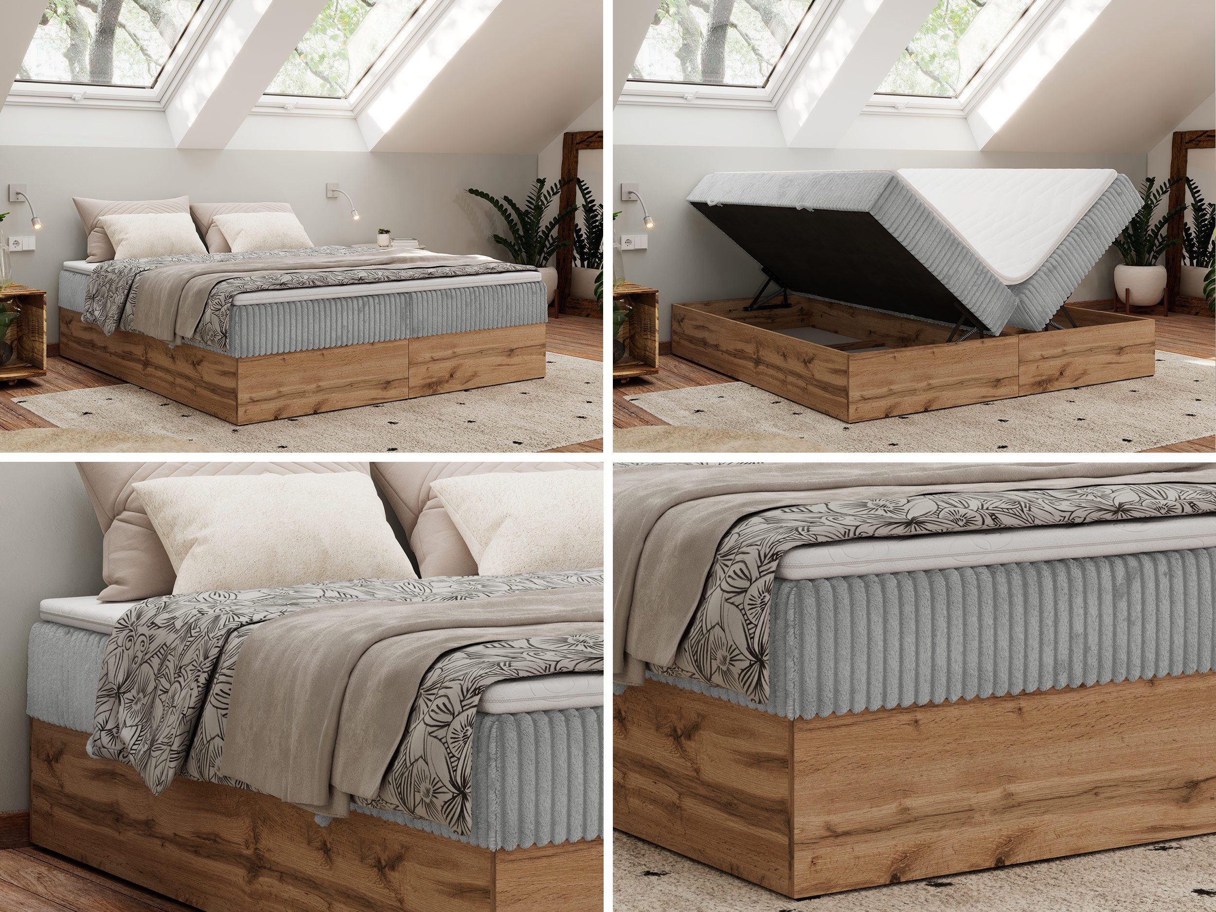 MKS MÖBEL Boxspringbett WOOD ZERO (Set, Bett, Polsterbett mit integrierten Matratzen, 2 Bettkästen, H3/H4), Topper T25 oder Visco optional, ohne Kopfteil