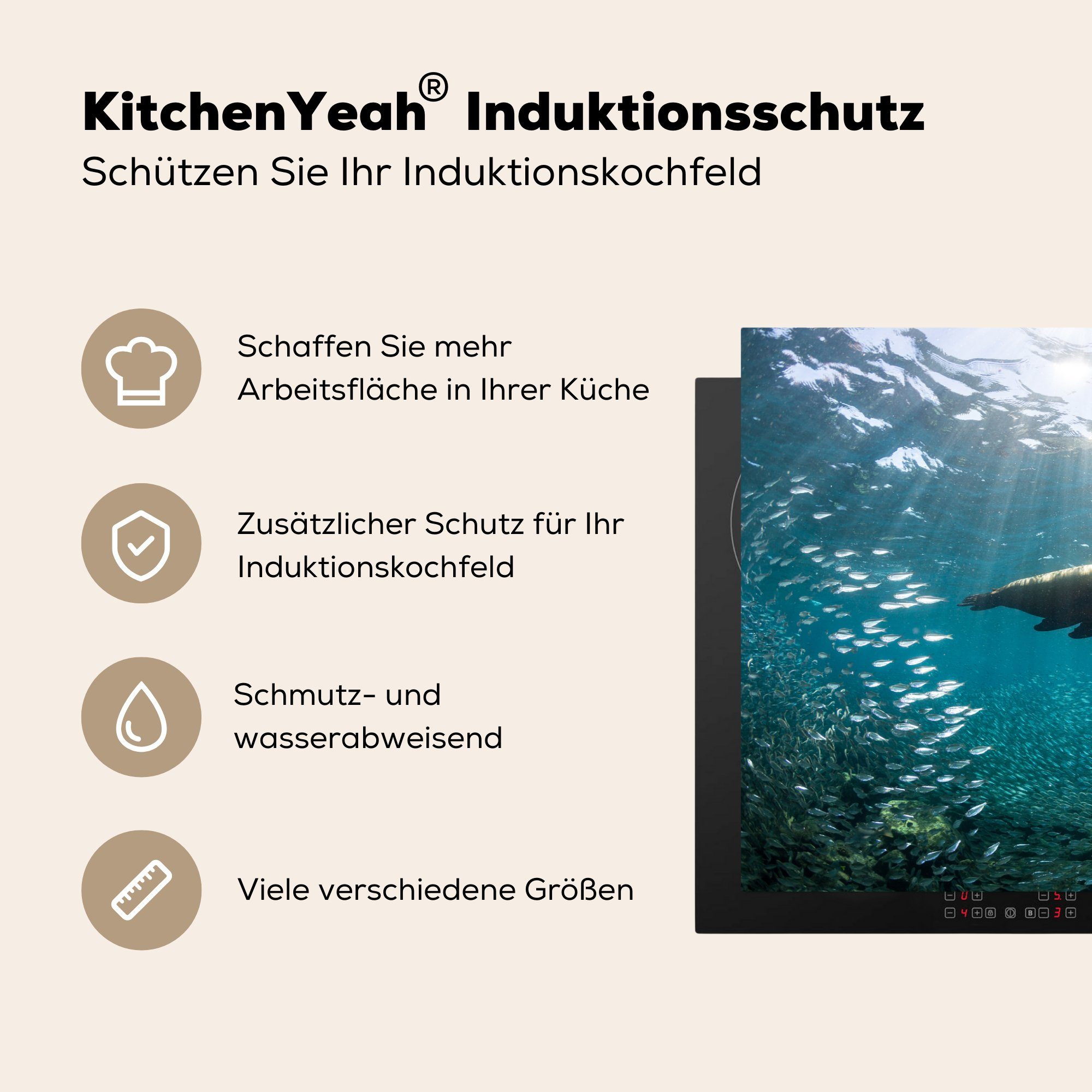 Wasser, Ceranfeldabdeckung unter für Schutz Herdblende-/Abdeckplatte die Vinyl, cm, 81x52 tlg), küche, (1 Induktionskochfeld MuchoWow Seelöwe