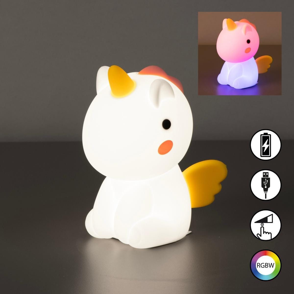 FISCHER & HONSEL Nachtlicht Unicorno, Dimmen, LED fest integriert, Warmweiß + RGB-Farbwechsel, verspieltes Einhorn-Design