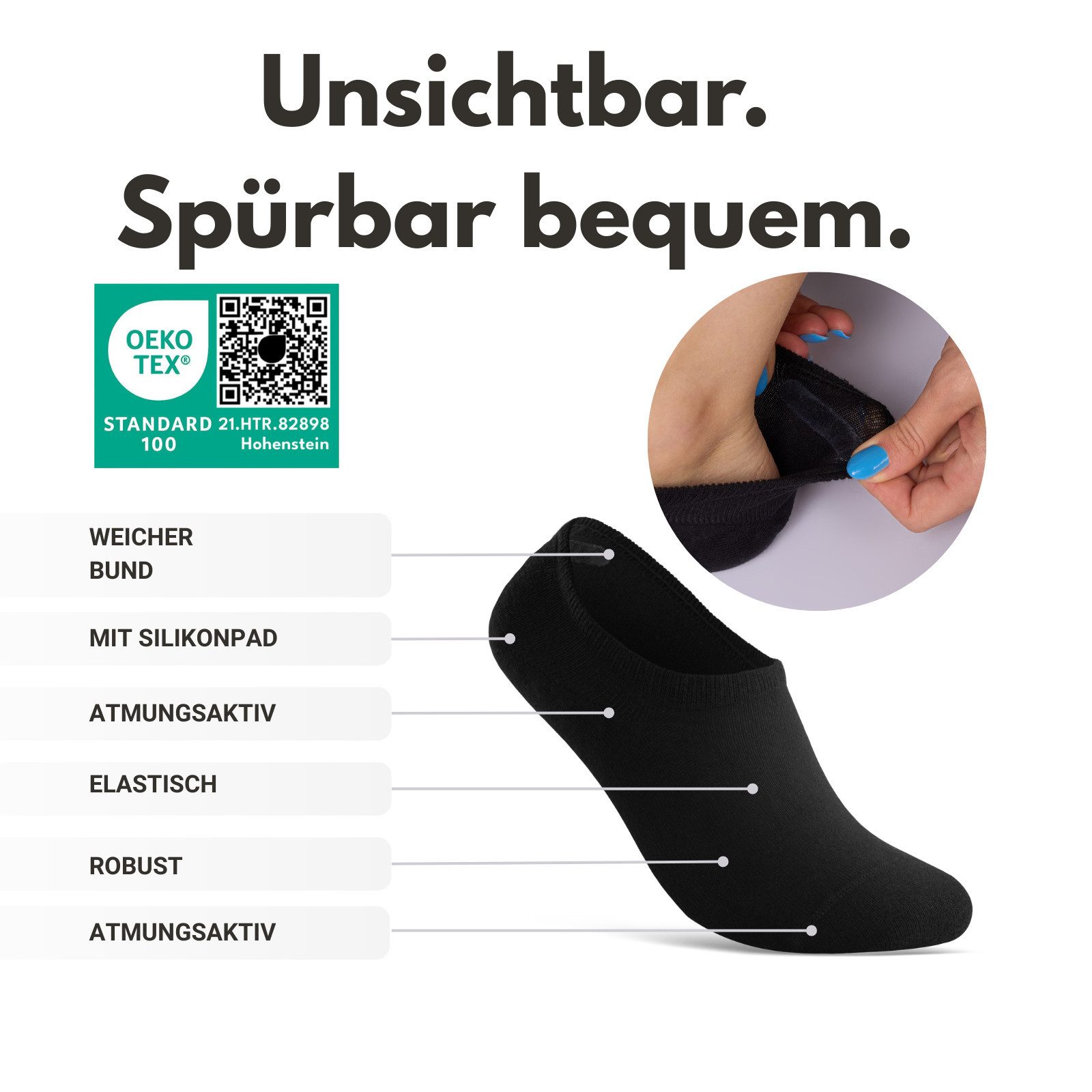 sockenkauf24 Füßlinge 10 Paar Premium Füßlinge Sneaker Socken Damen Herren Baumwolle (10-Paar) invisible Socks ohne Naht mit Silikonpad gegen Verrutschen - 7010 – Bild 3 von 5
