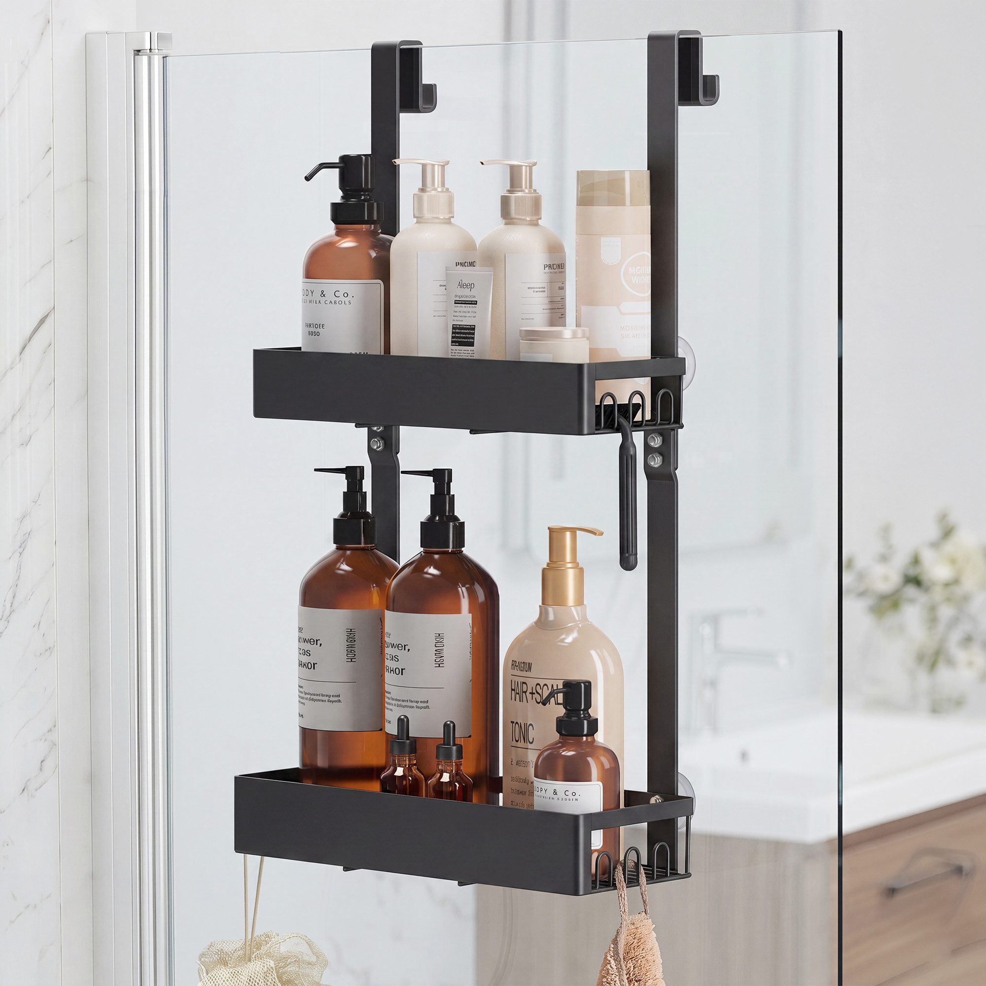 SONGMICS Duschablage Duschregal, ohne Bohren, rostfrei, aus Stahl, Shampoo Halterung, Badezimmer Organizer, 31,5 x 15,5 x 56 cm, 1er Set