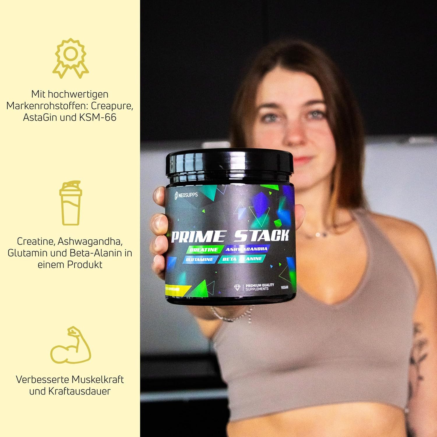 Neosupps Prime Stack Lemon Candy, Training Supplement, Multi Aminosäuren Pulver Pulver, 450 g, mit Creatin, Glutamin, Beta Alanin & Ashwagandha