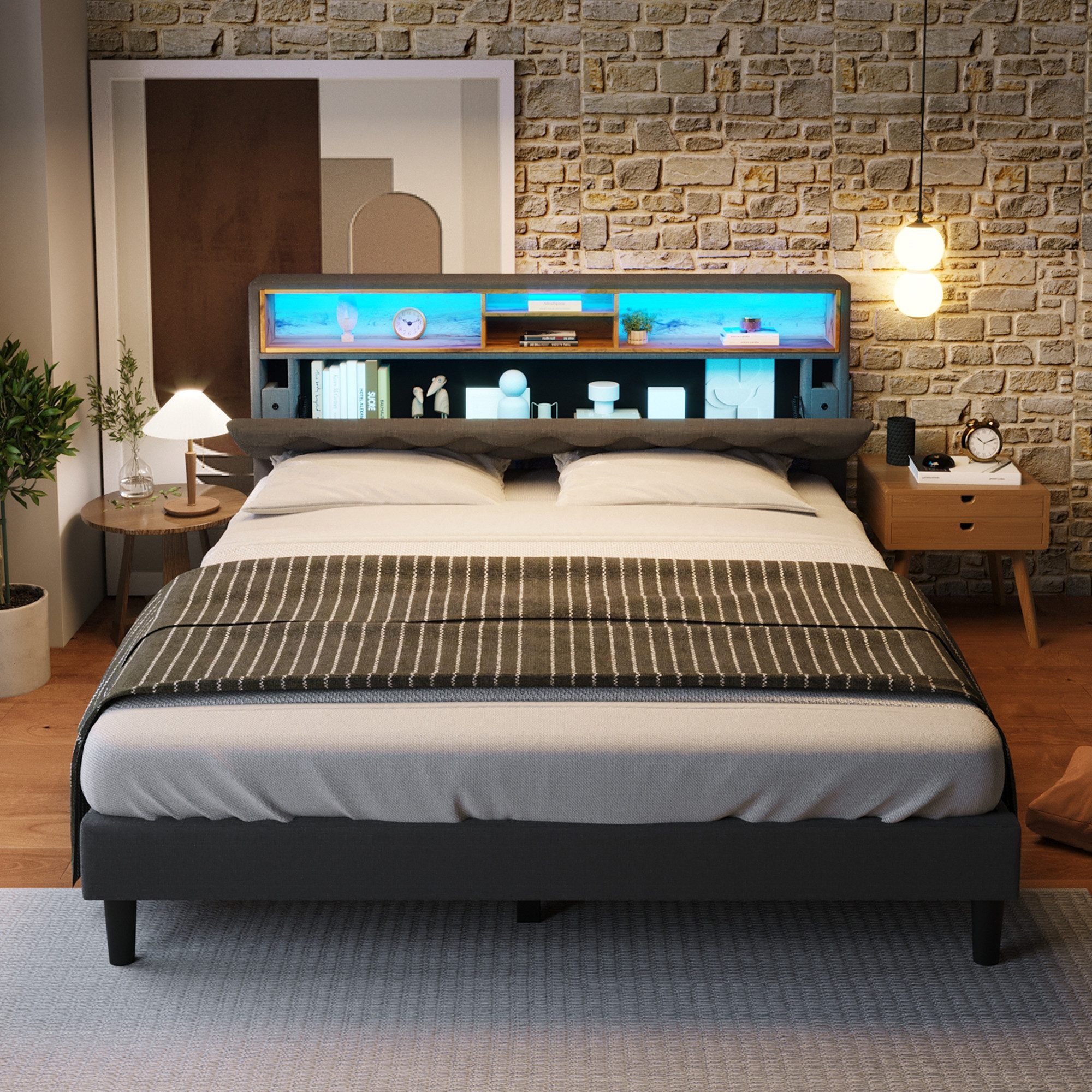 Flieks Polsterbett, LED-Beleuchtung Doppelbett mit Stauraum 140x200cm Leine günstig online kaufen