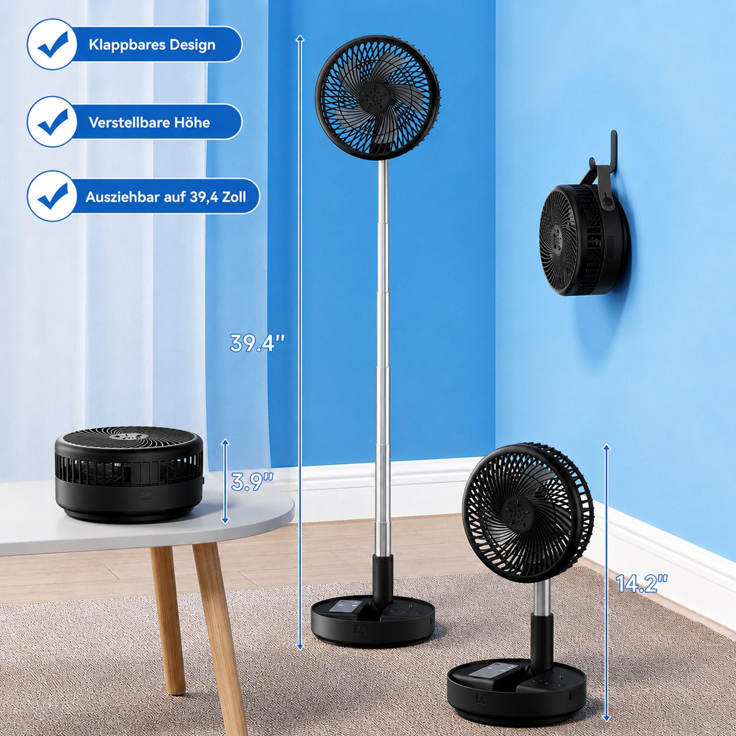 MOPUEA Akku-Standventilator Akku-Standventilator Faltbar Höhenverstellbar Fernbedienung Tragbar, 10400 mAh Akku leise faltbar 90° Schwenkung 8 Std Timer