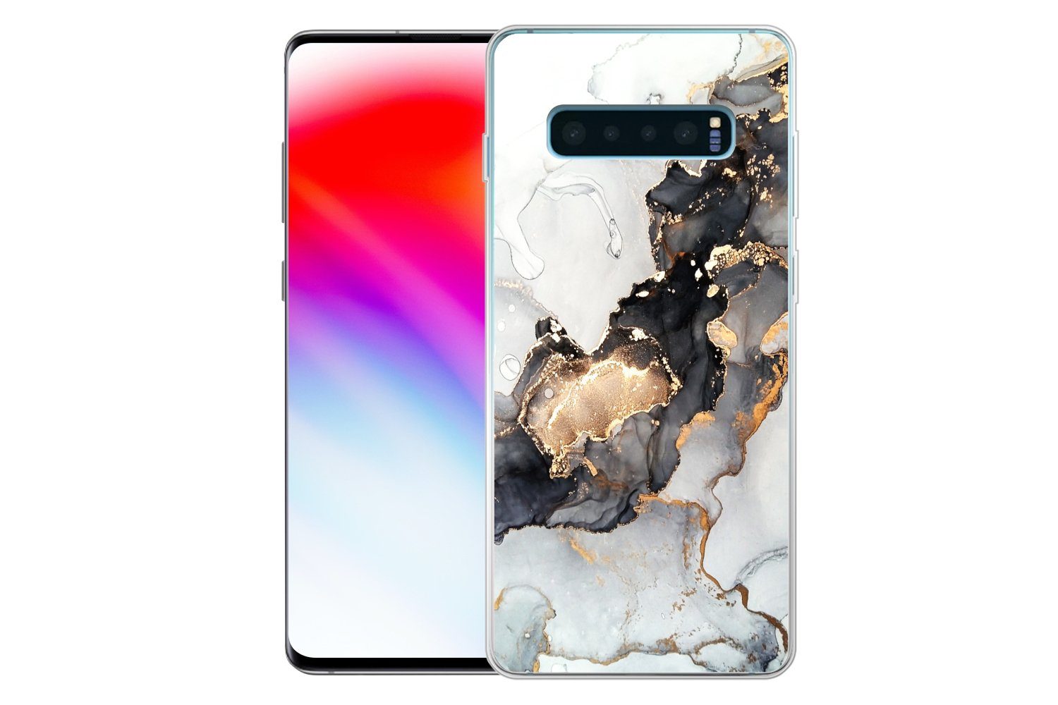 MuchoWow Handyhülle für Samsung Galaxy S10 Plus Marmor - Schwarz - Weiß - Gold - Luxus - A, Phone Case, Silikon, Schutzhülle Dünn