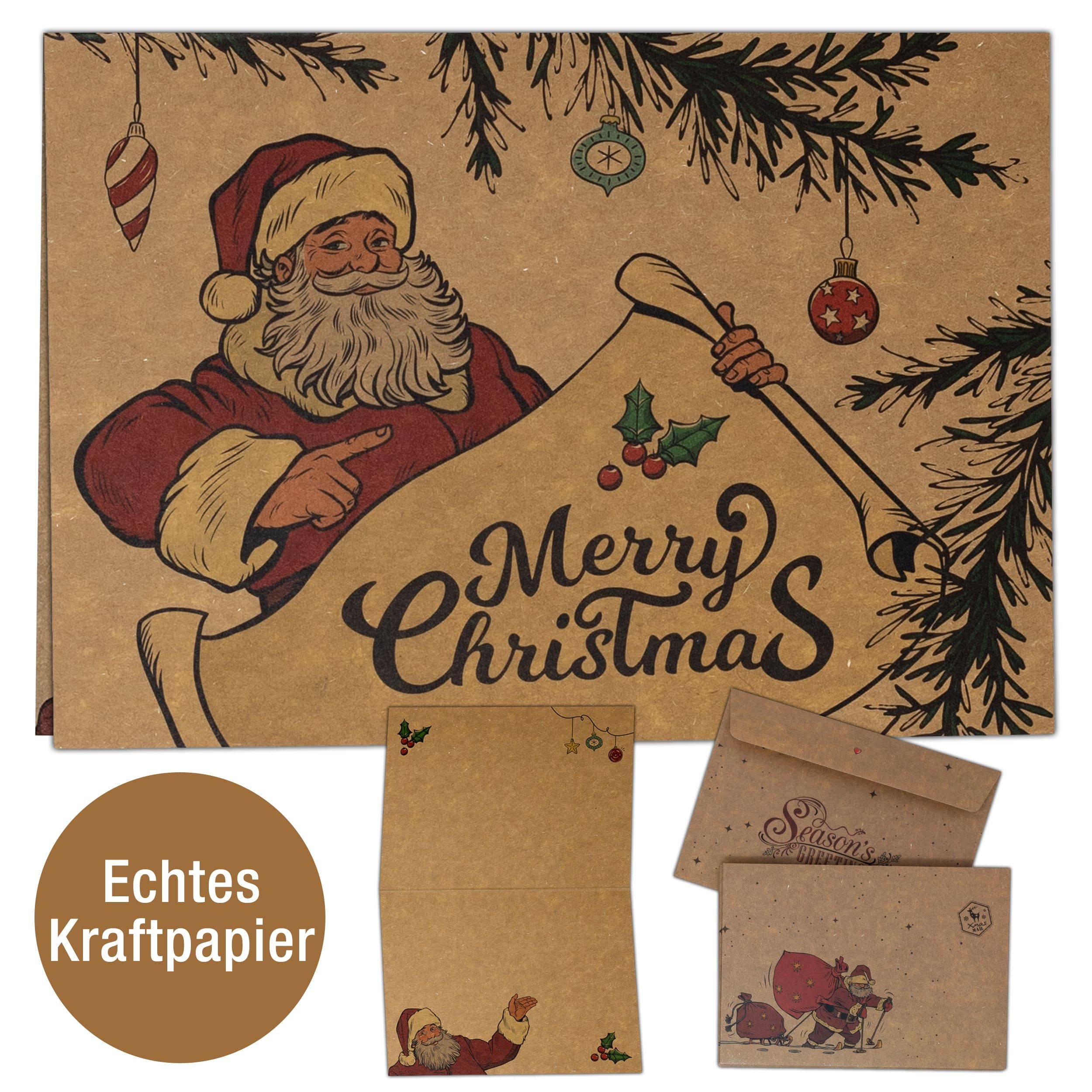 TOBJA Weihnachtskarte 15x Kraftpapier Weihnachtskarten mit Umschlag - Frohe Weihnachten, Weihnachtskarten Geschenkkarten DIN A6
