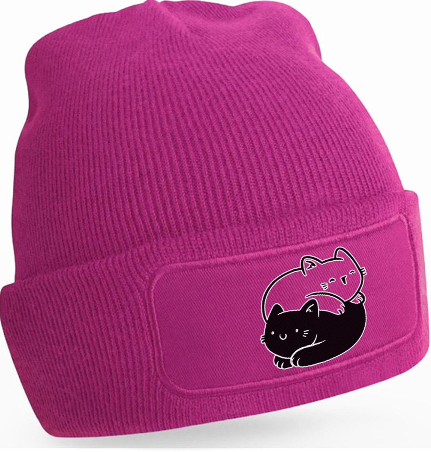 Strickmütze für kalte Tage - Beanie mit Umschlag und YinYang Katzen Print