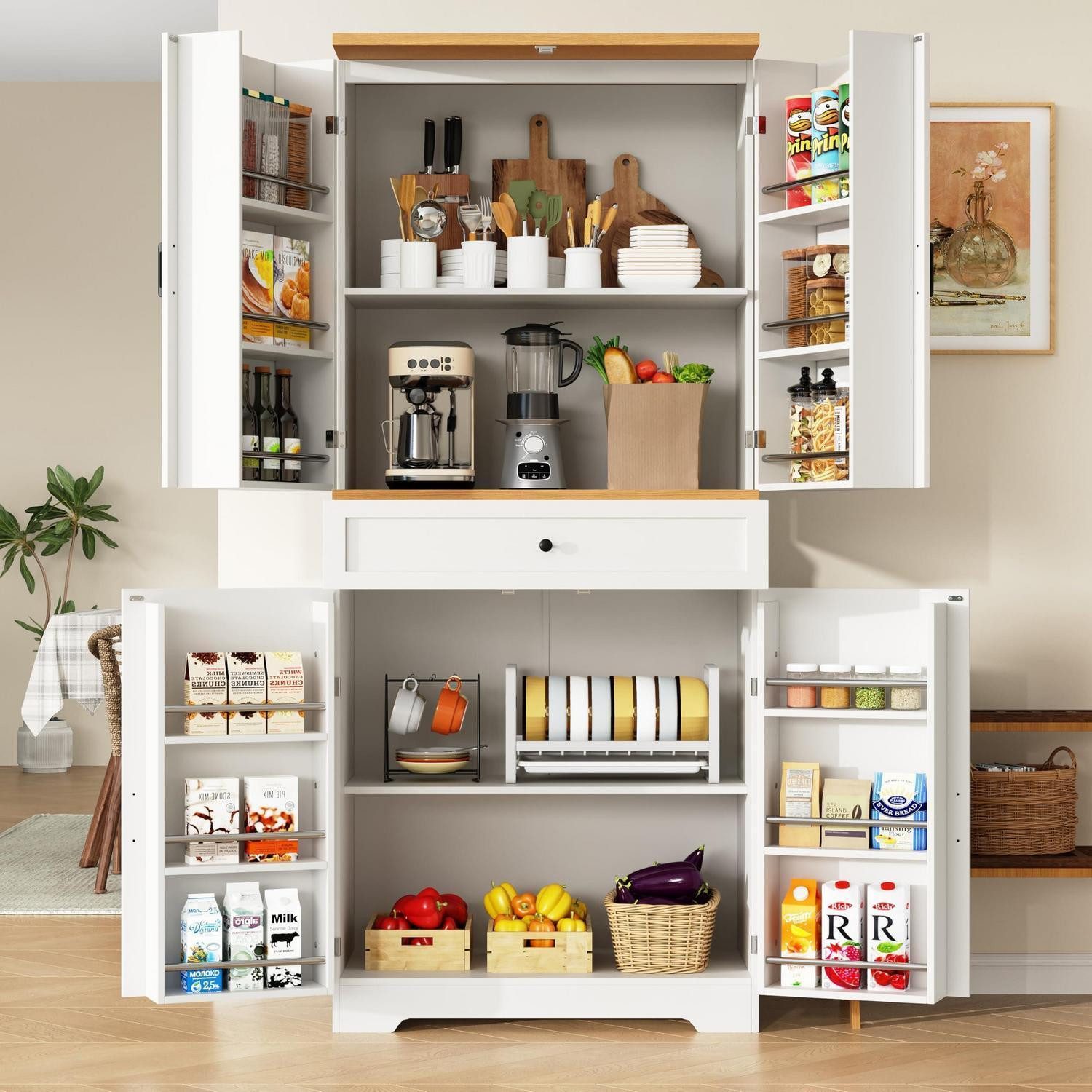 LuxusKollektion Hochschrank Küchenschrank 80x40x180cm 12 Türfächer Schubladen MDF Weiß