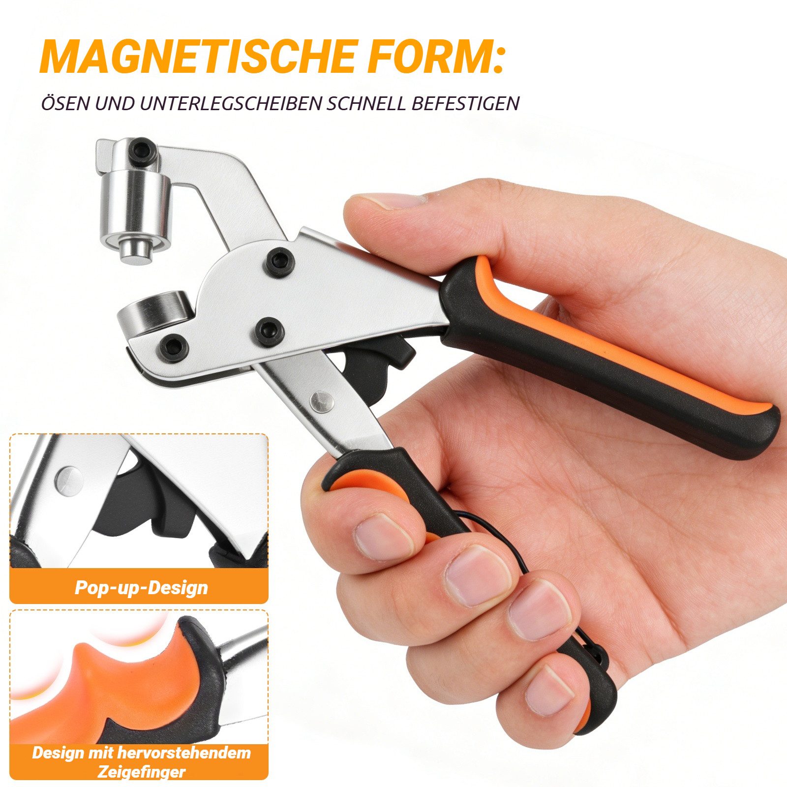 BlingBin Ösenzange Lochzange Set mit 500 Ösen (10mm), Magnetische Ösenpresse, 1er Set 1-tlg., Material: Eisen + ABS, Profi Nietenzange für Planen, PVC-Banner, Karton, Leder, Gürtel