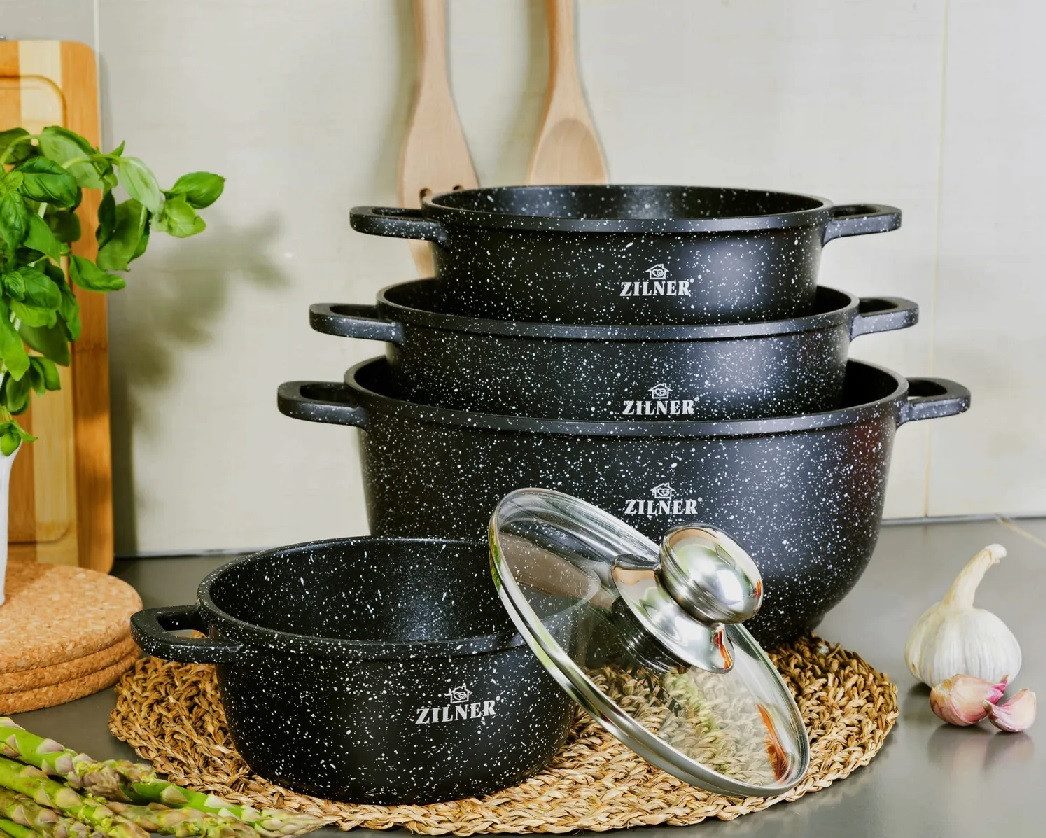Zilner Topf-Set Schöne graue Töpfe in verschiedenen Größen Pfannen Steinbeschichtung, Aluminiumguss, Aluminium, Keramik, Edelstahl (1.3L / 2.3L / 2.4L / 3.4L / 4.5L / 10.2L, 17-tlg., Es ist eine perfekte Geschenkidee für jeden Anlass. Bestseller-Topfset), Innovative Aroma Knob-Griffe