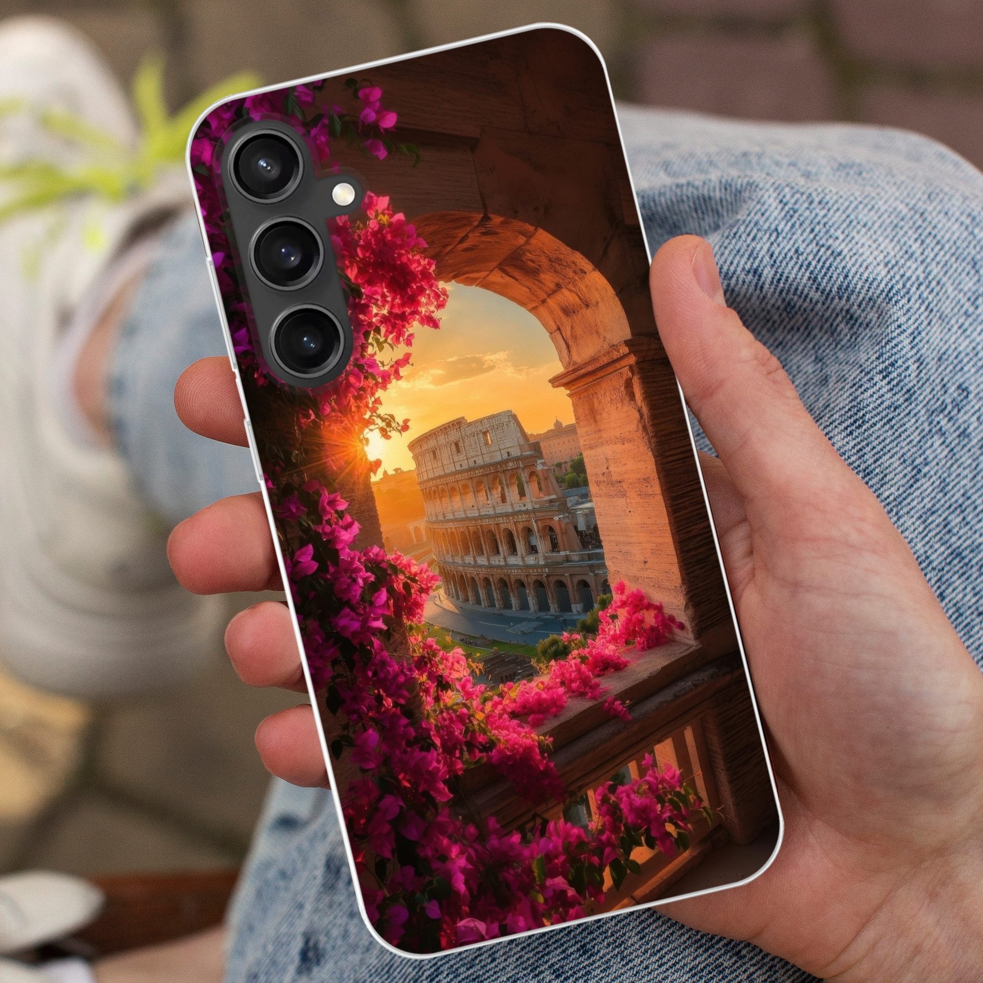 MuchoWow Handyhülle für Samsung Galaxy S23 FE Kolosseum - Rom - Rosa Blumen