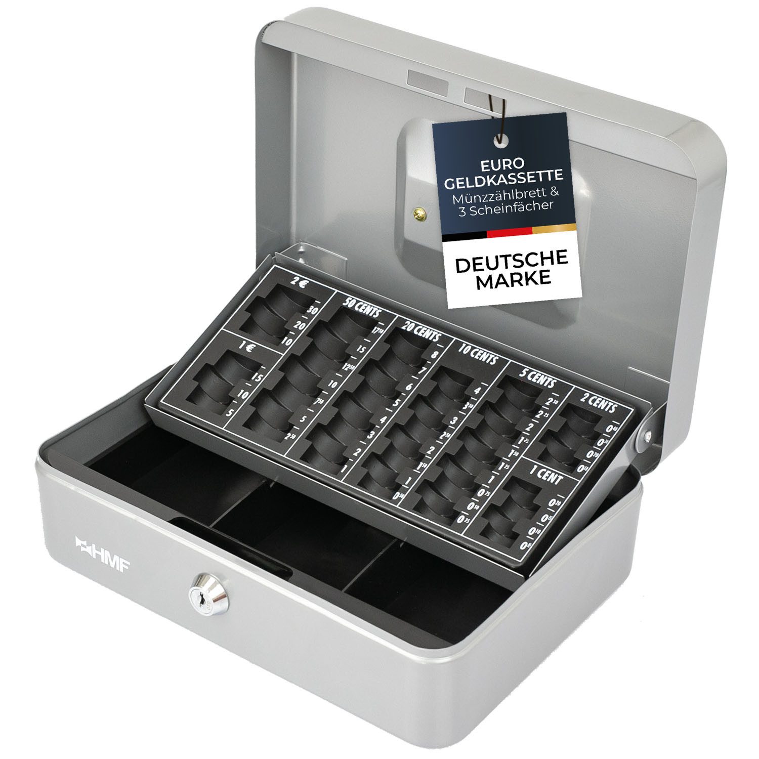 HMF Geldkassette Bargeldkasse mit herausnehmbarem Münzzählbrett und Scheinfach, Geldbox mit Schlüssel, 25 x 18 x 9 cm, silber