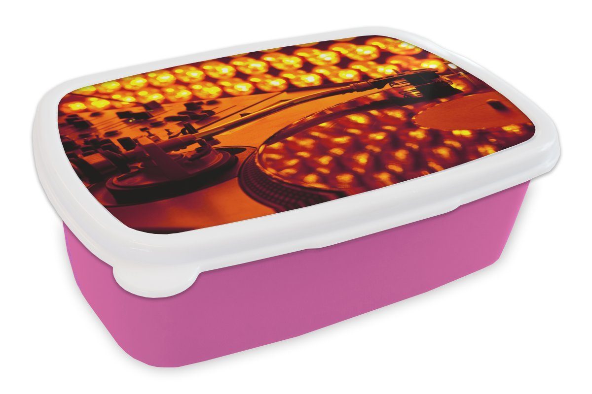 MuchoWow Lunchbox Drehscheibe und Mischpult (2-tlg), orangefarbene rosa Brotbox Lichter, für Mädchen, für Erwachsene, Brotdose Kunststoff, Snackbox, Kunststoff Kinder