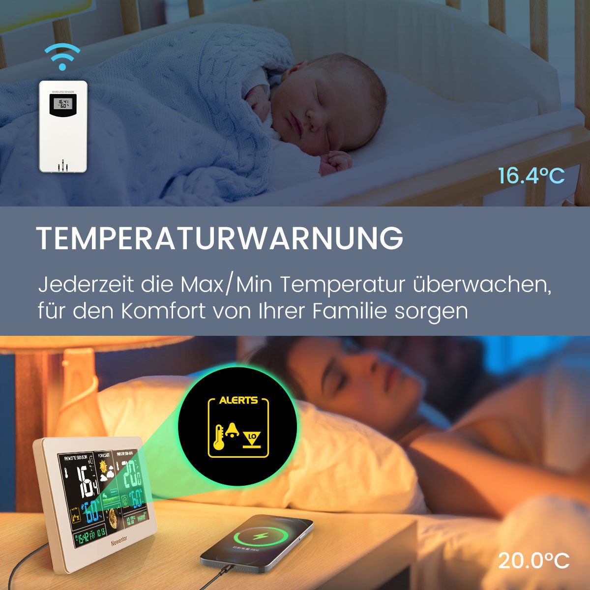 NEWENTOR LIFE Wiederaufladbare Funk-Wetterstation Funkwetterstation (mit Außensensor, Wettervorhersage & Temperaturwarnung)